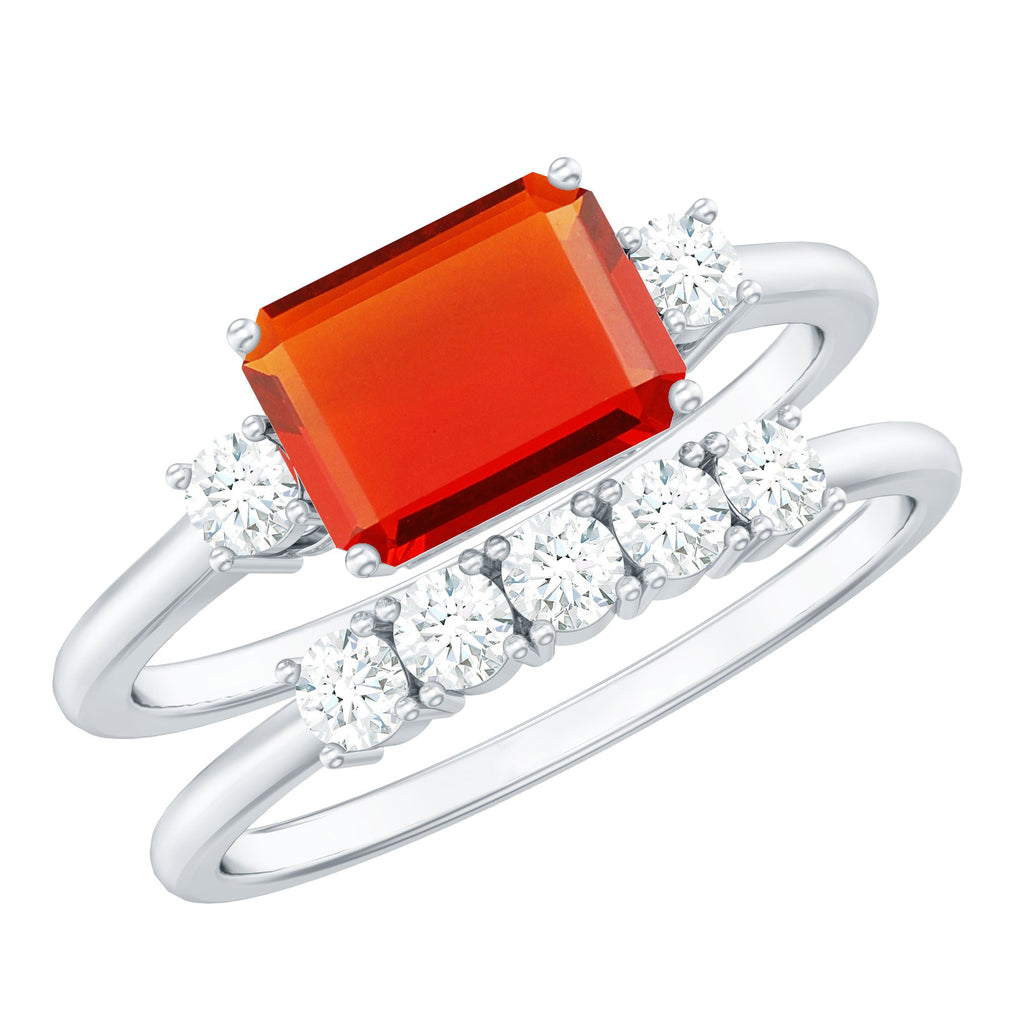 Octagon Cut Fire Opal and Moissanite Contemporary Ring Set