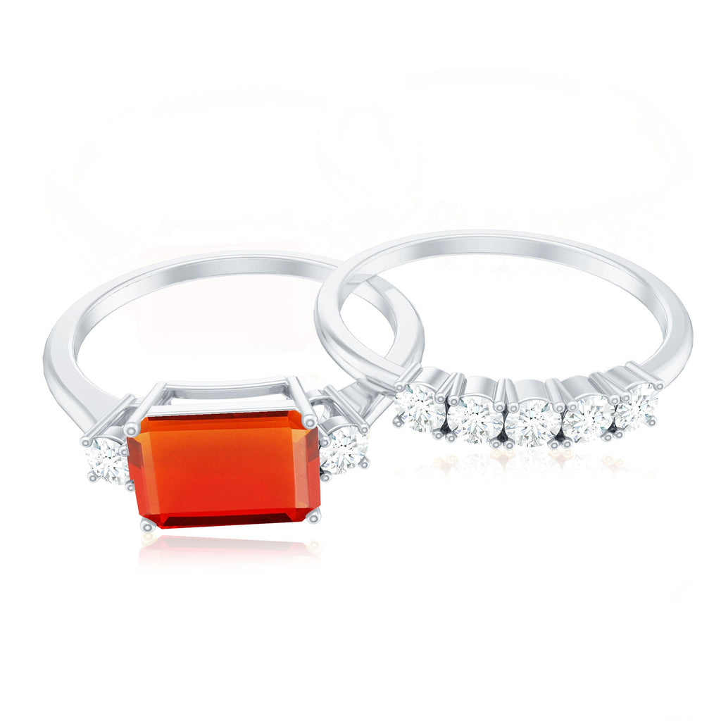 Octagon Cut Fire Opal and Moissanite Contemporary Ring Set