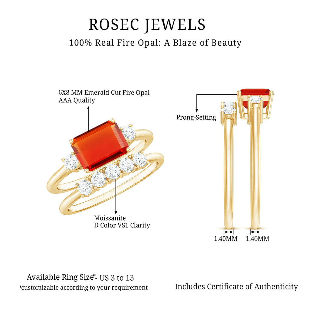 Octagon Cut Fire Opal and Moissanite Contemporary Ring Set