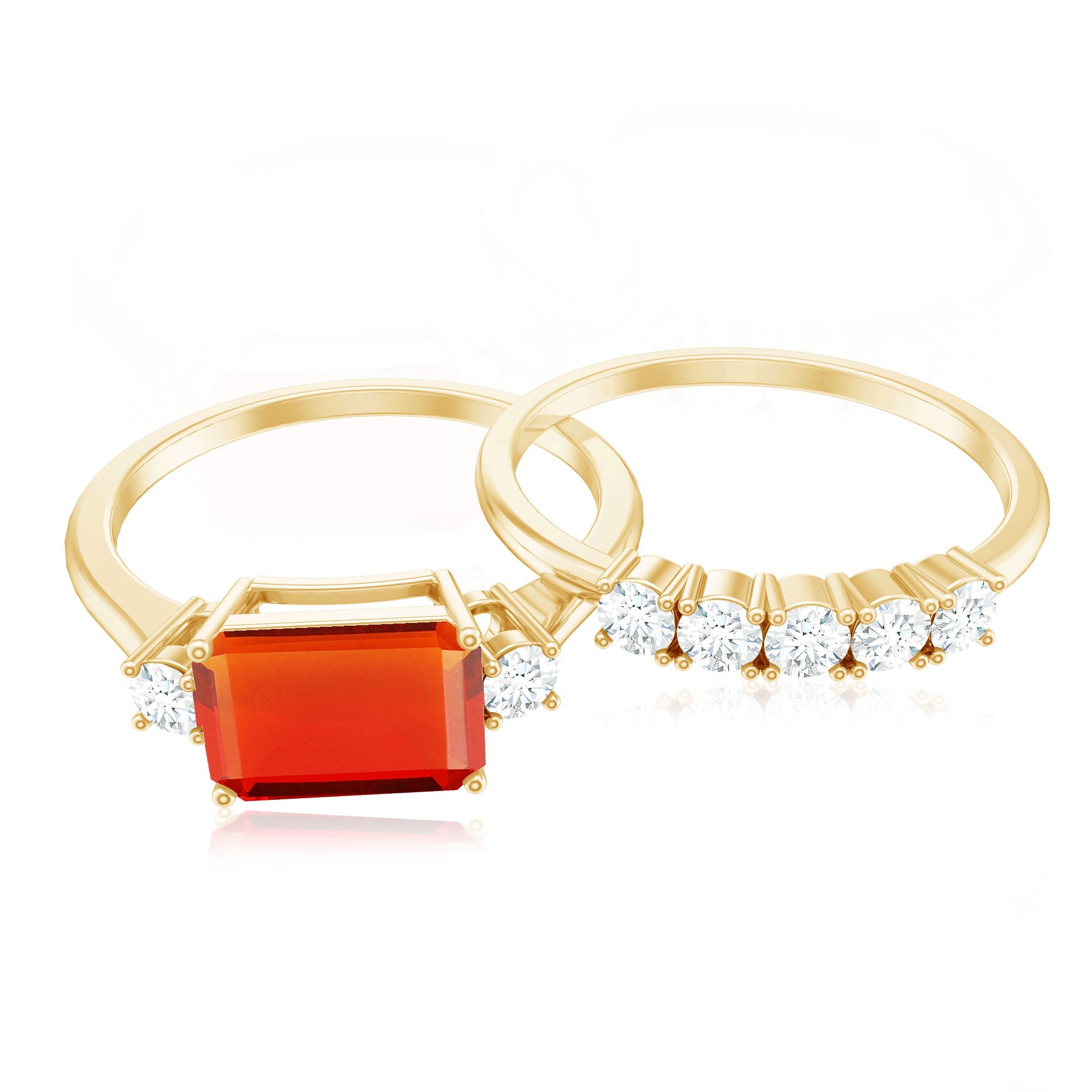 Octagon Cut Fire Opal and Moissanite Contemporary Ring Set