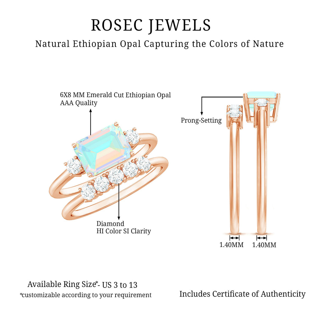 Natural Ethiopian Opal Diamond Emerald Cut Engagement Ring and Wedding Band Set