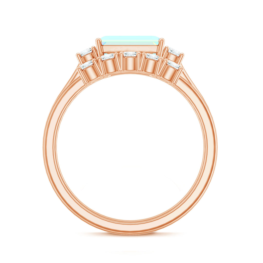 Natural Ethiopian Opal Diamond Emerald Cut Engagement Ring and Wedding Band Set