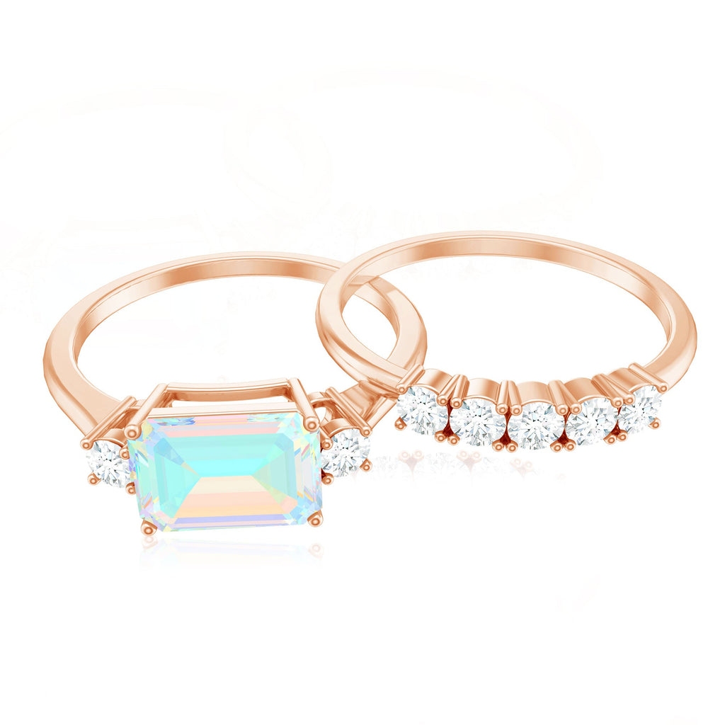 Natural Ethiopian Opal Diamond Emerald Cut Engagement Ring and Wedding Band Set