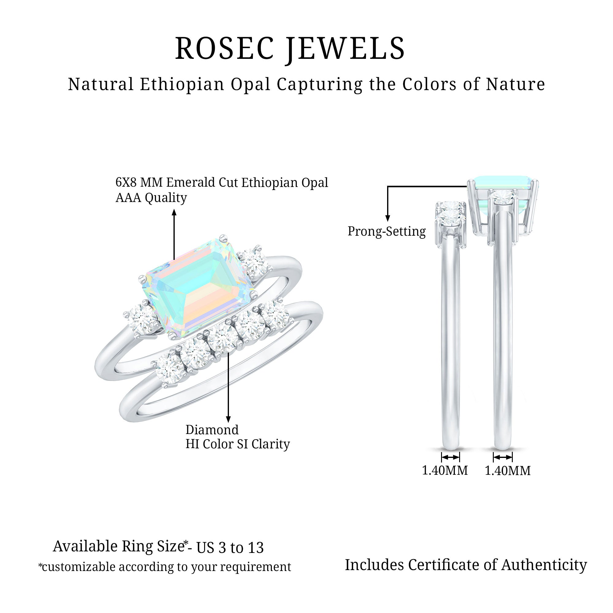Natural Ethiopian Opal Diamond Emerald Cut Engagement Ring and Wedding Band Set