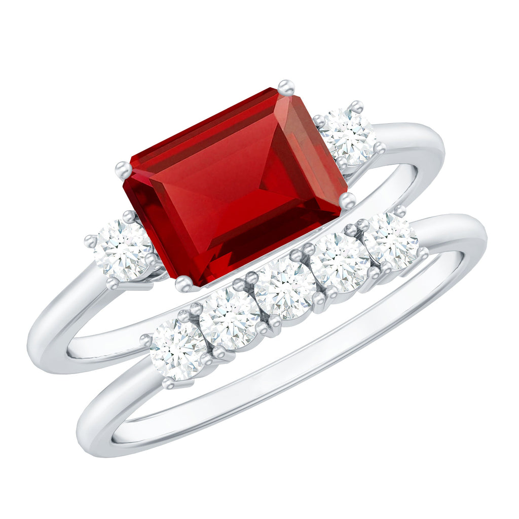 East West Set Emerald Cut Lab Ruby Engagement Ring with Diamond Wedding Band