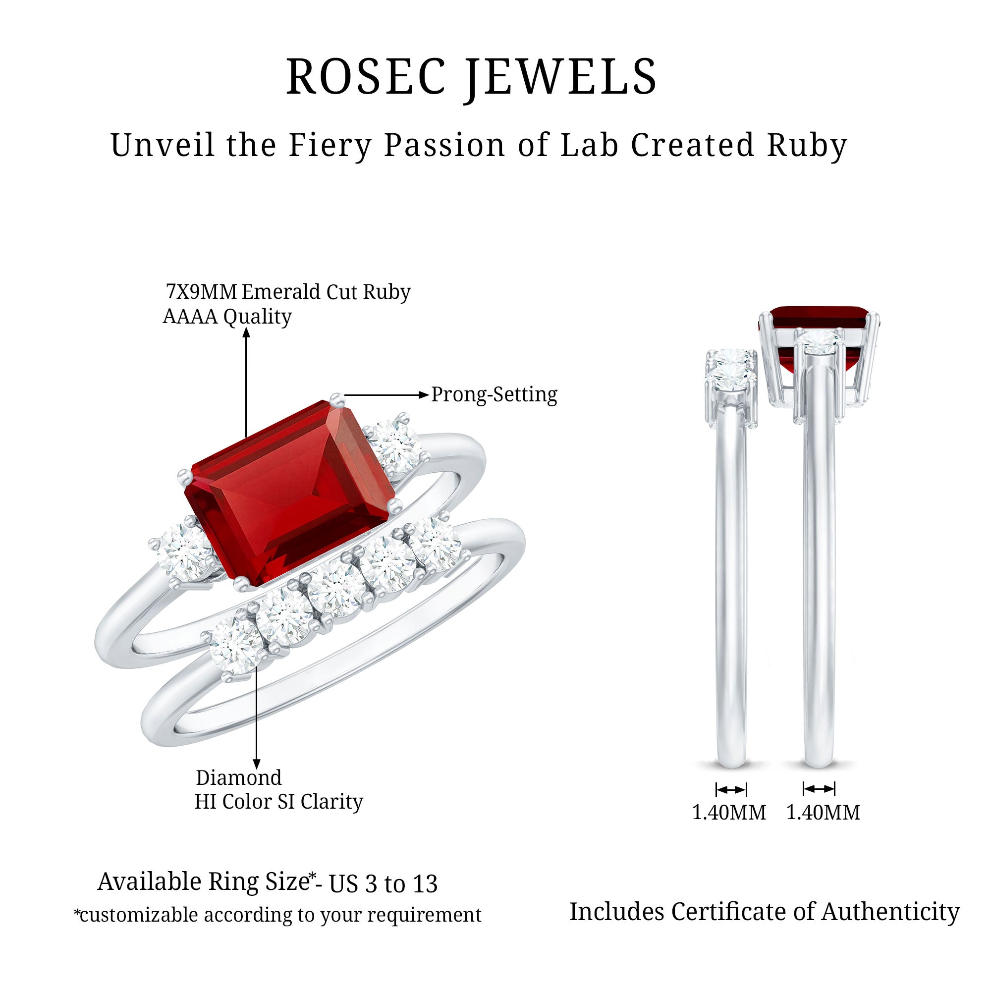 East West Set Emerald Cut Lab Ruby Engagement Ring with Diamond Wedding Band