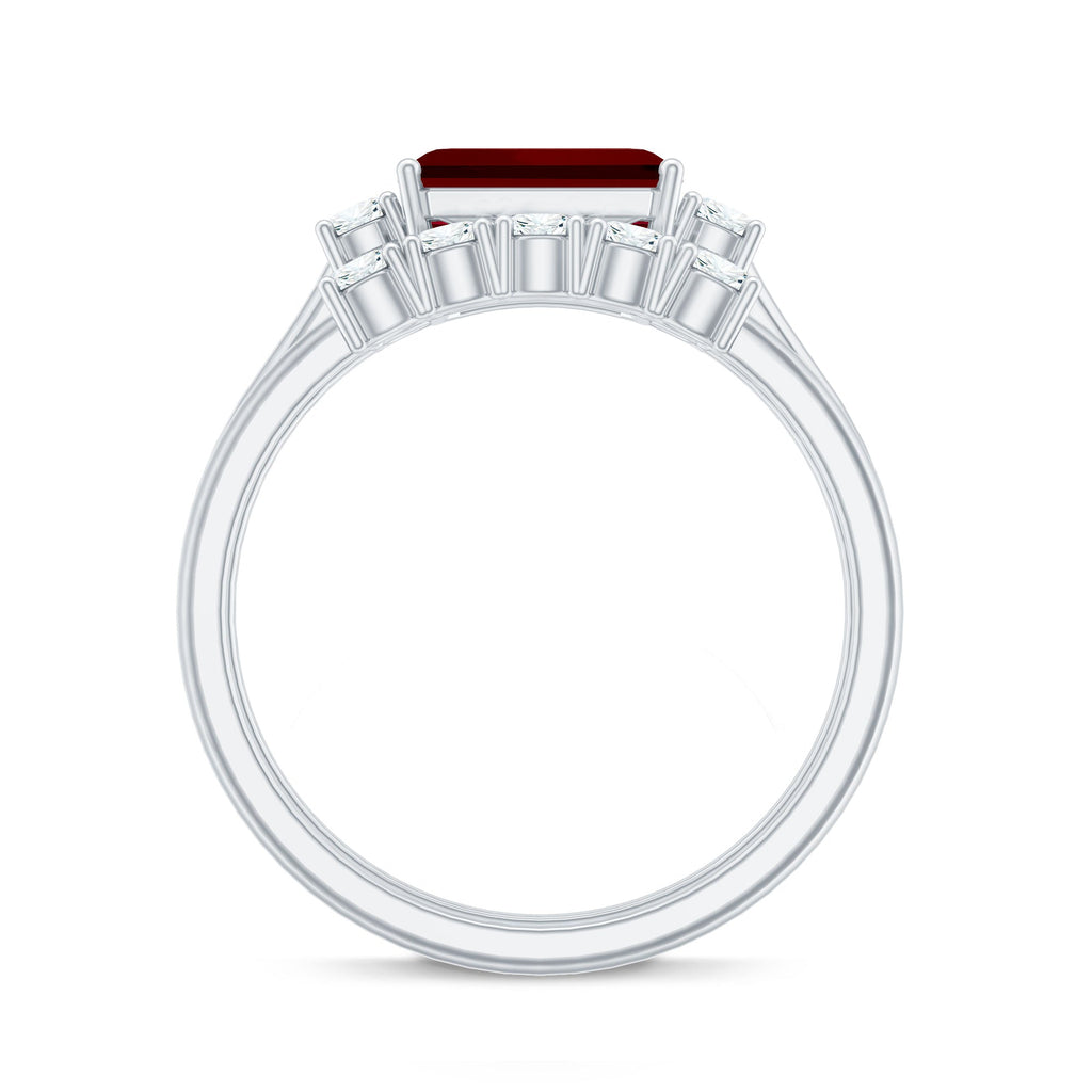 East West Set Emerald Cut Lab Ruby Engagement Ring with Diamond Wedding Band