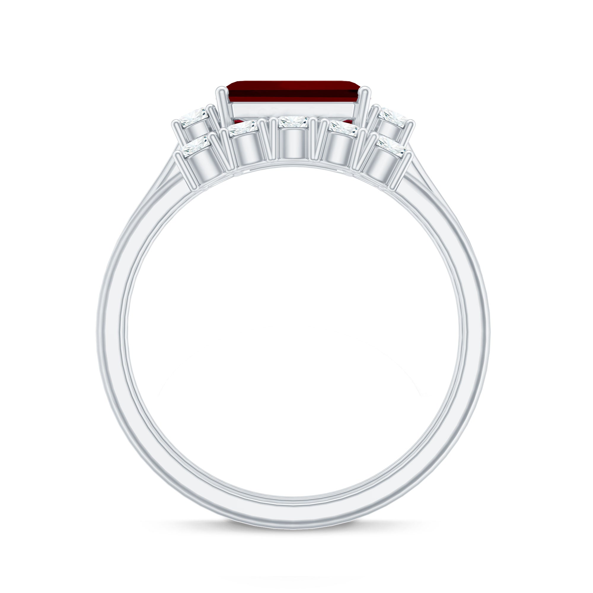 East West Set Emerald Cut Lab Ruby Engagement Ring with Diamond Wedding Band