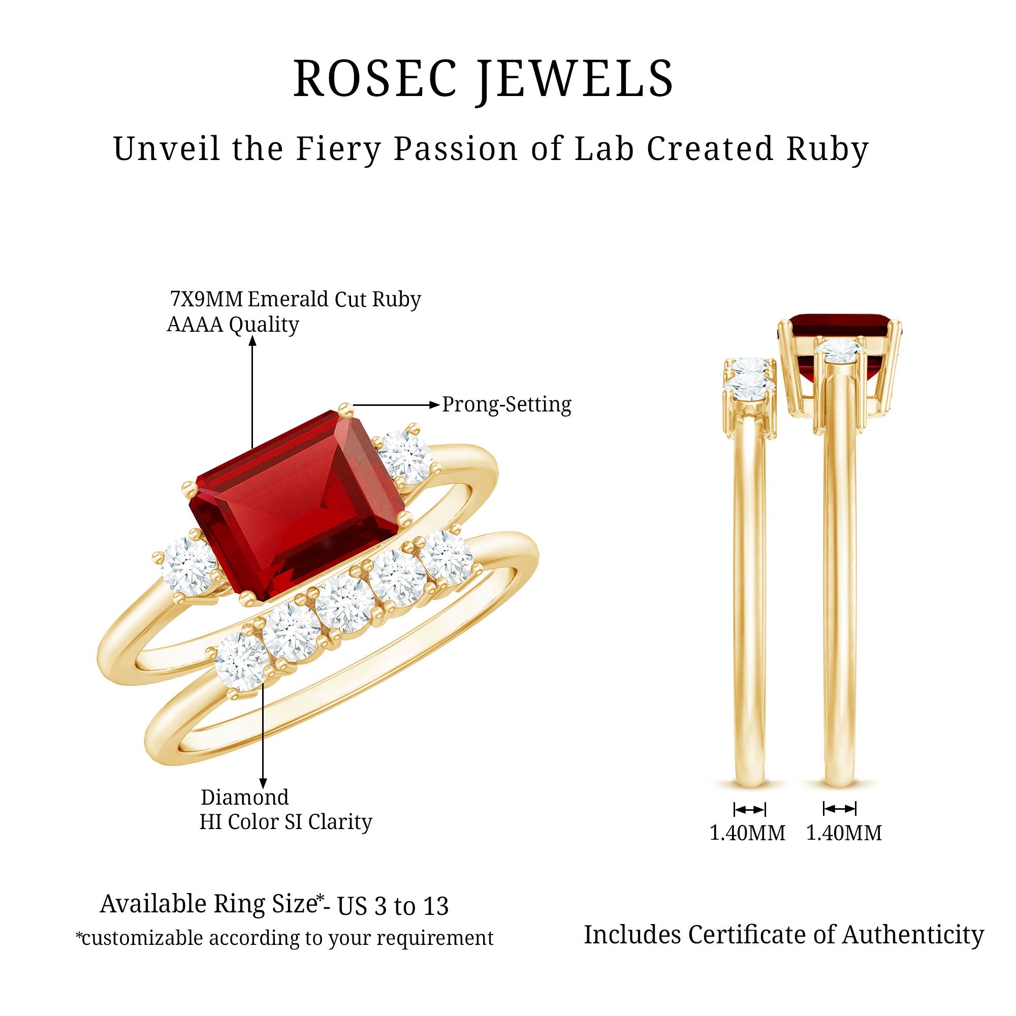 East West Set Emerald Cut Lab Ruby Engagement Ring with Diamond Wedding Band