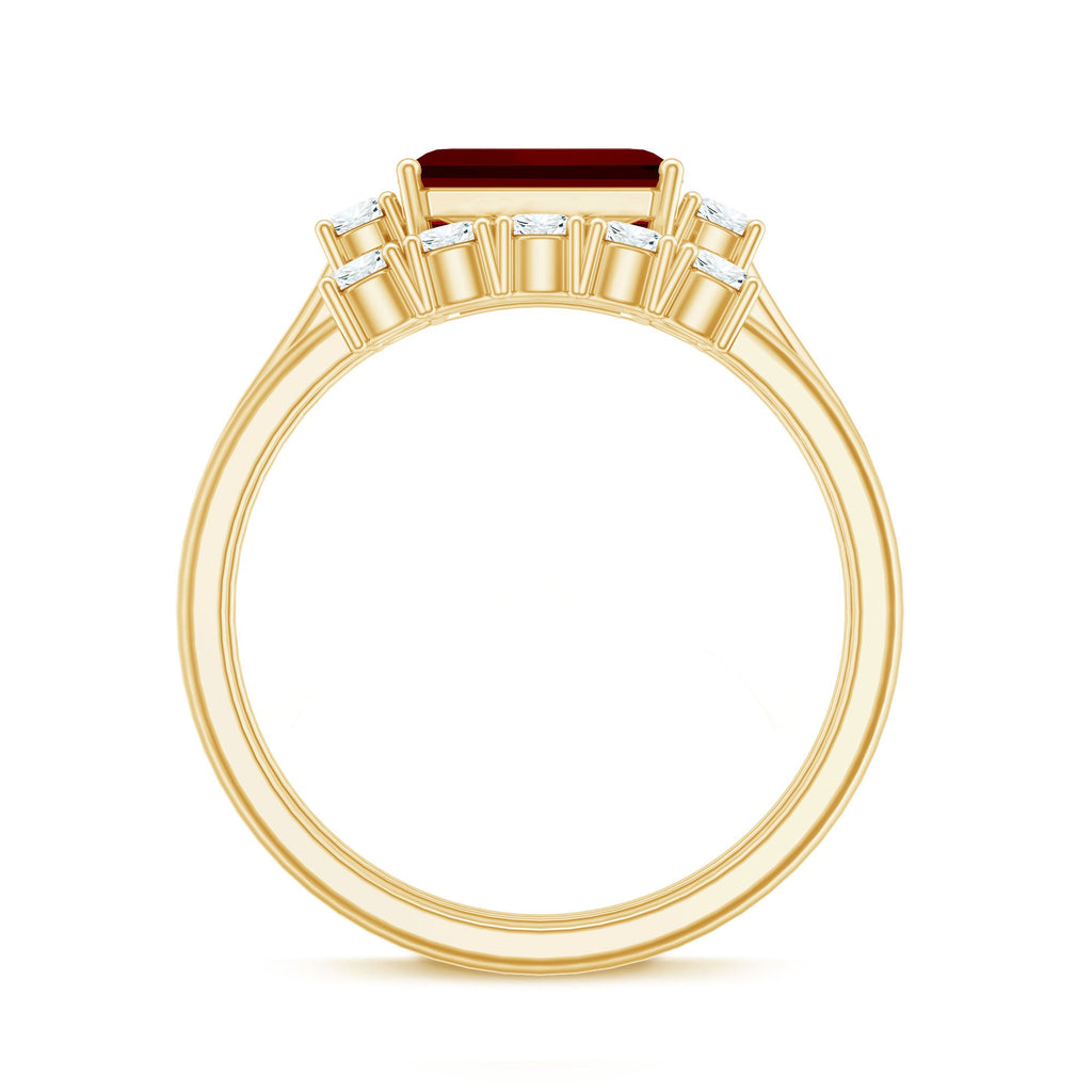 East West Set Emerald Cut Lab Ruby Engagement Ring with Diamond Wedding Band