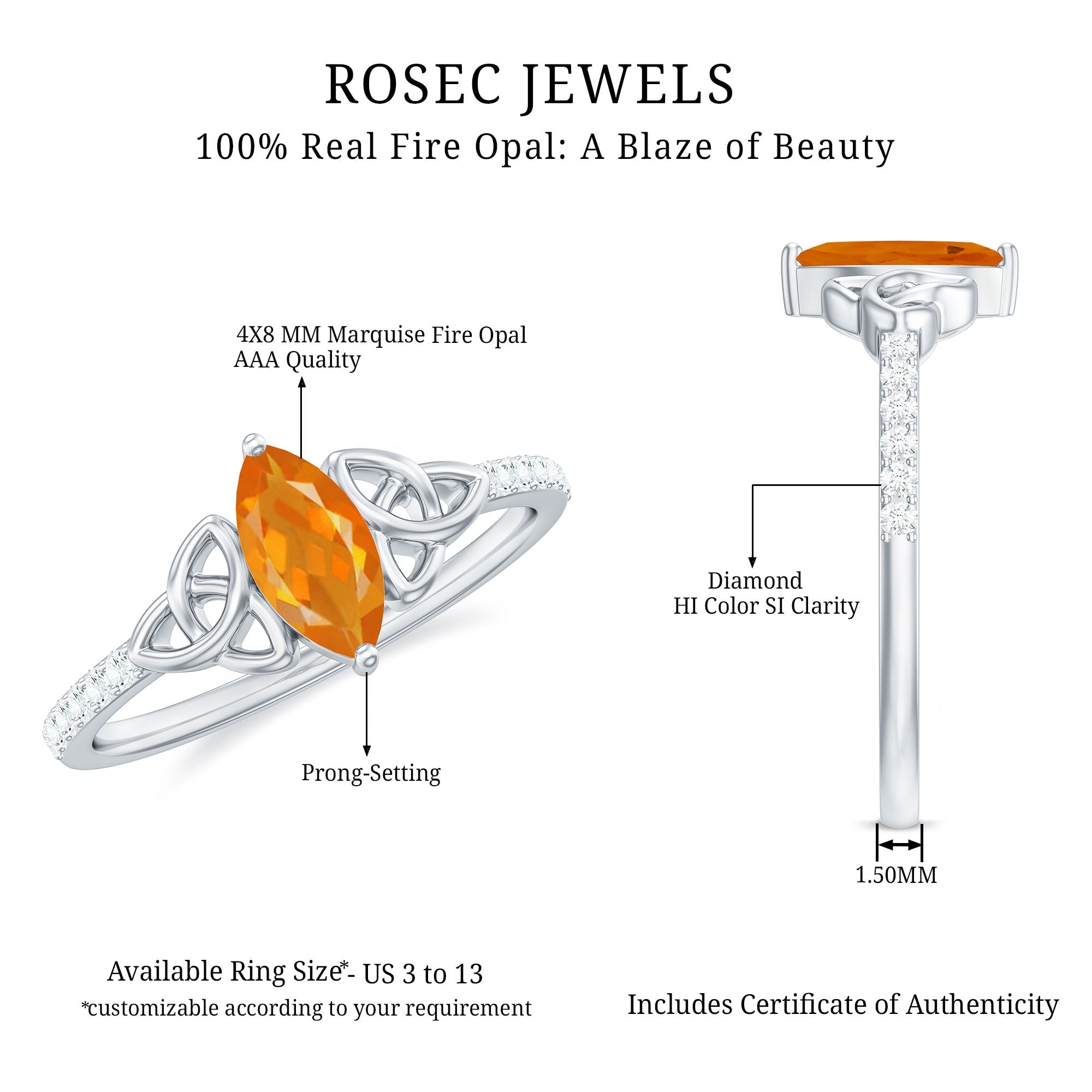 Marquise Cut Solitaire Fire Opal Celtic Knot Ring with Diamond