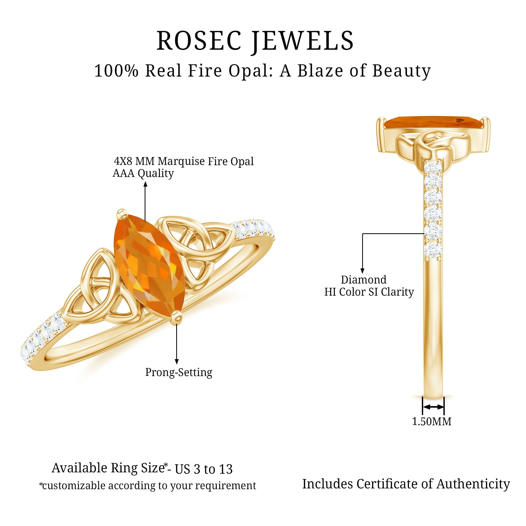 Marquise Cut Solitaire Fire Opal Celtic Knot Ring with Diamond