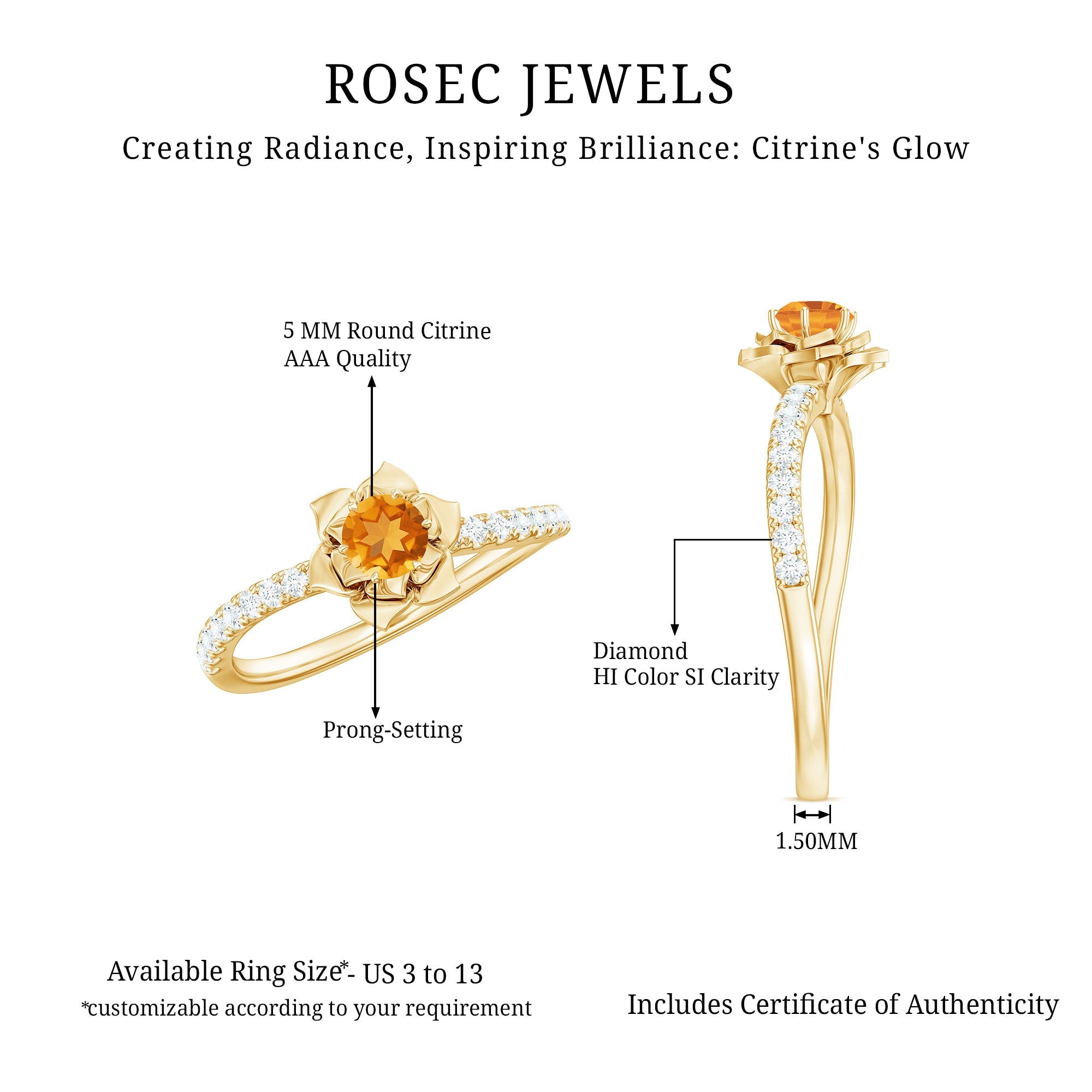 Certified Real Citrine Flower Engagement Ring with Diamond