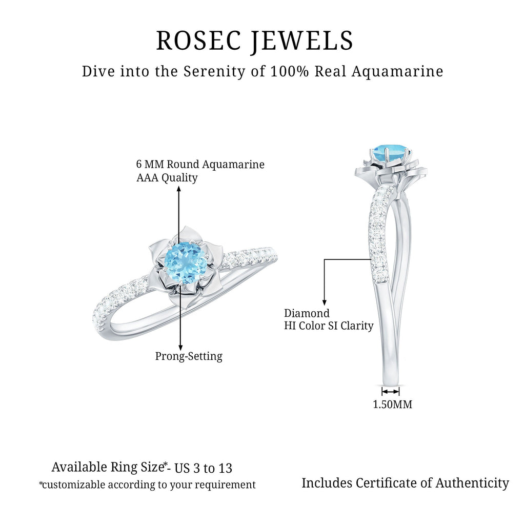 Floral Inspired Aquamarine Rose Engagement Ring with Diamond