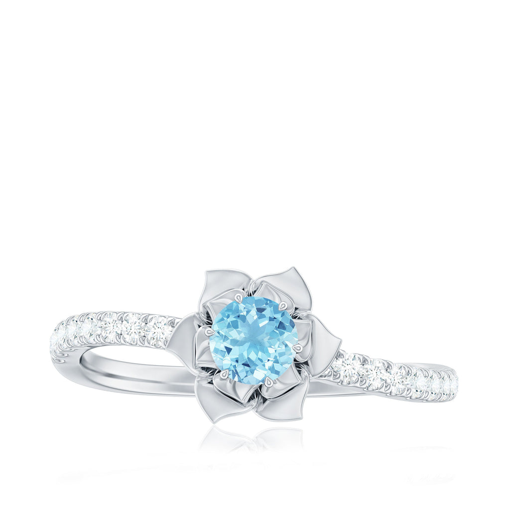 Floral Inspired Aquamarine Rose Engagement Ring with Diamond