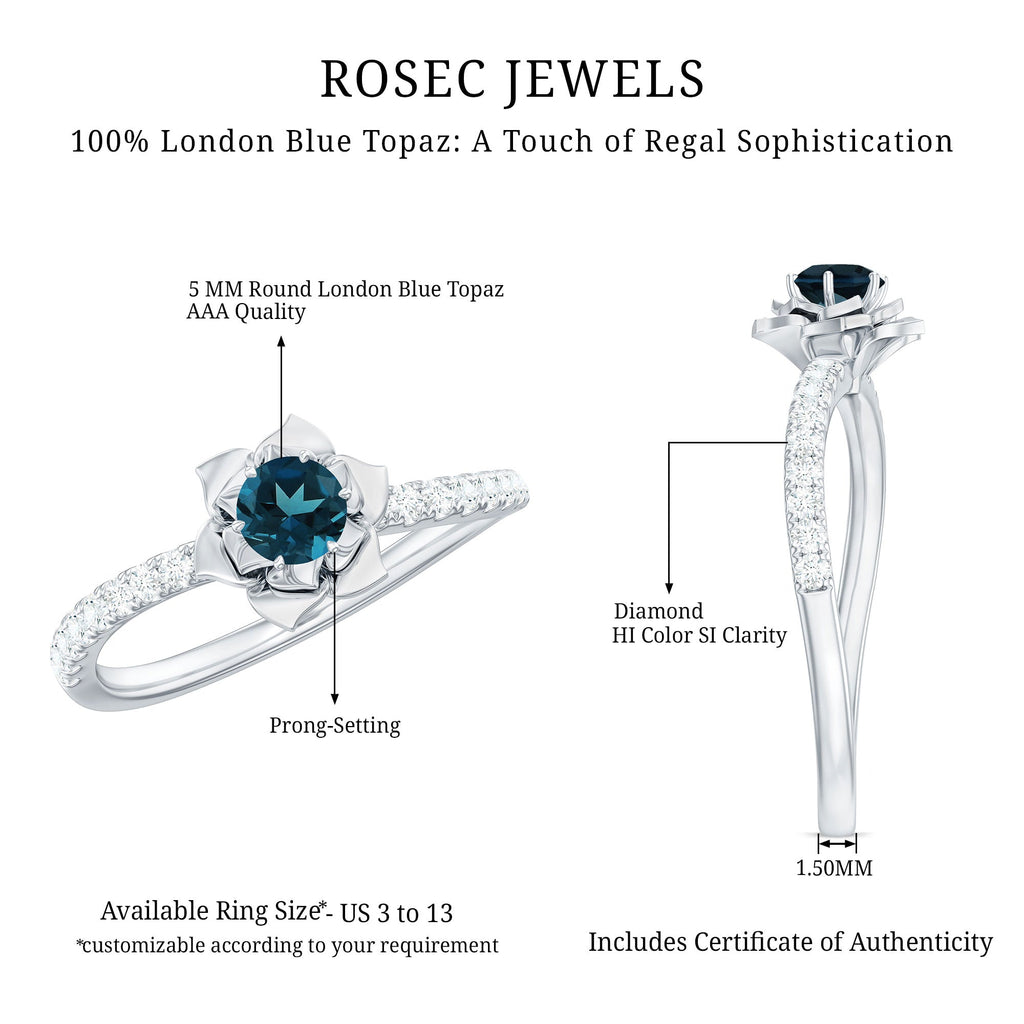 5mm Round London Blue Topaz Floral Engagement Ring with Diamond