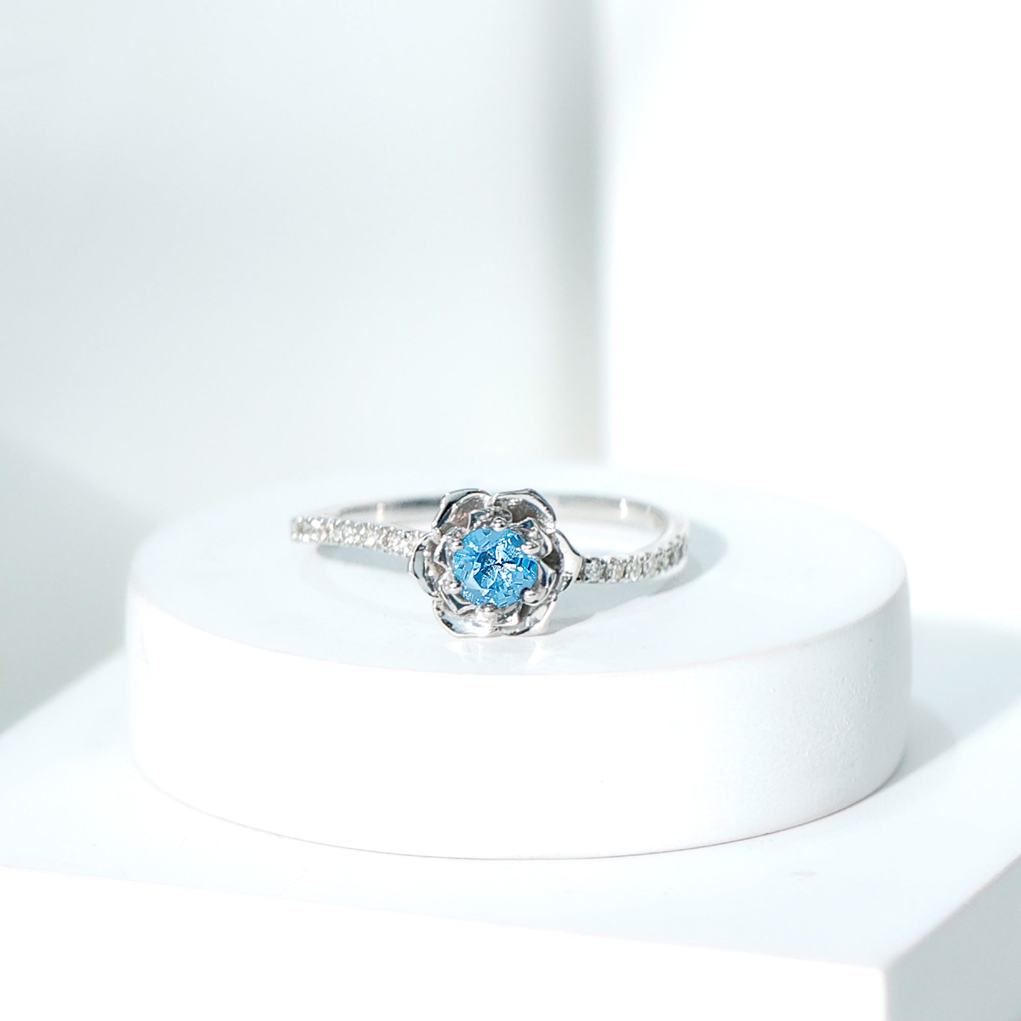 5mm Round London Blue Topaz Floral Engagement Ring with Diamond