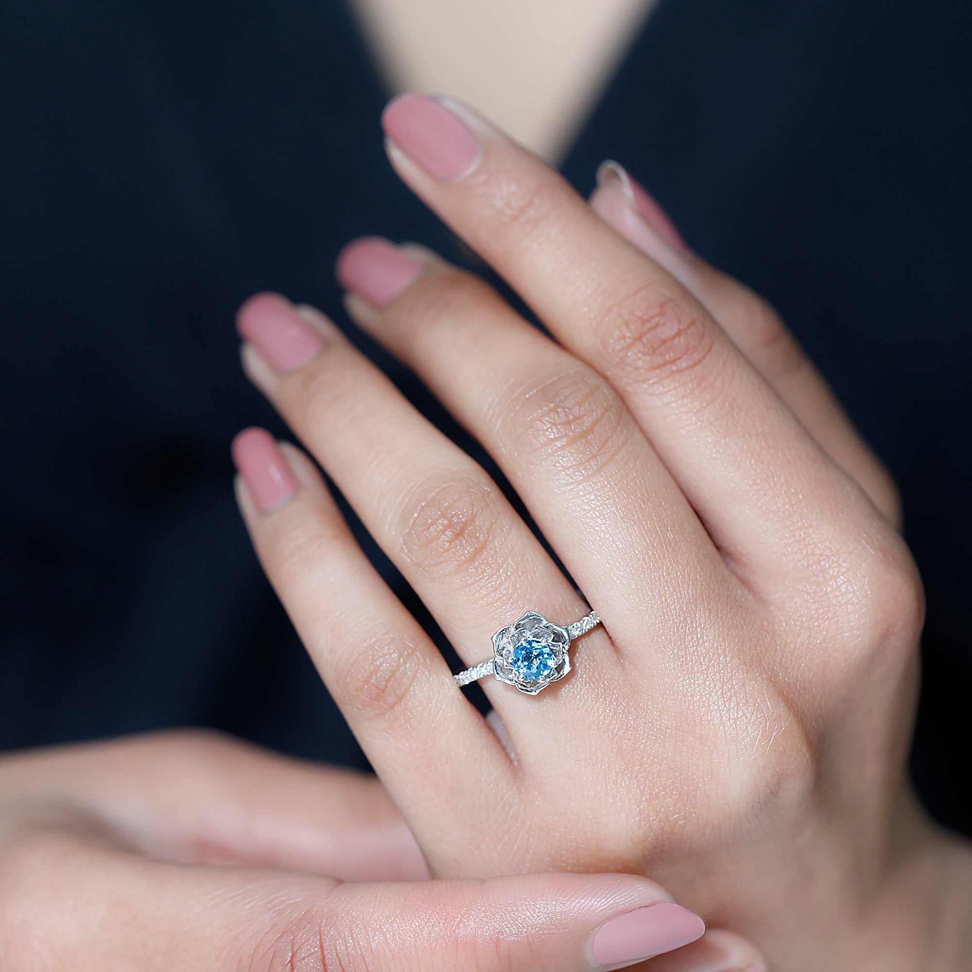 5mm Round London Blue Topaz Floral Engagement Ring with Diamond