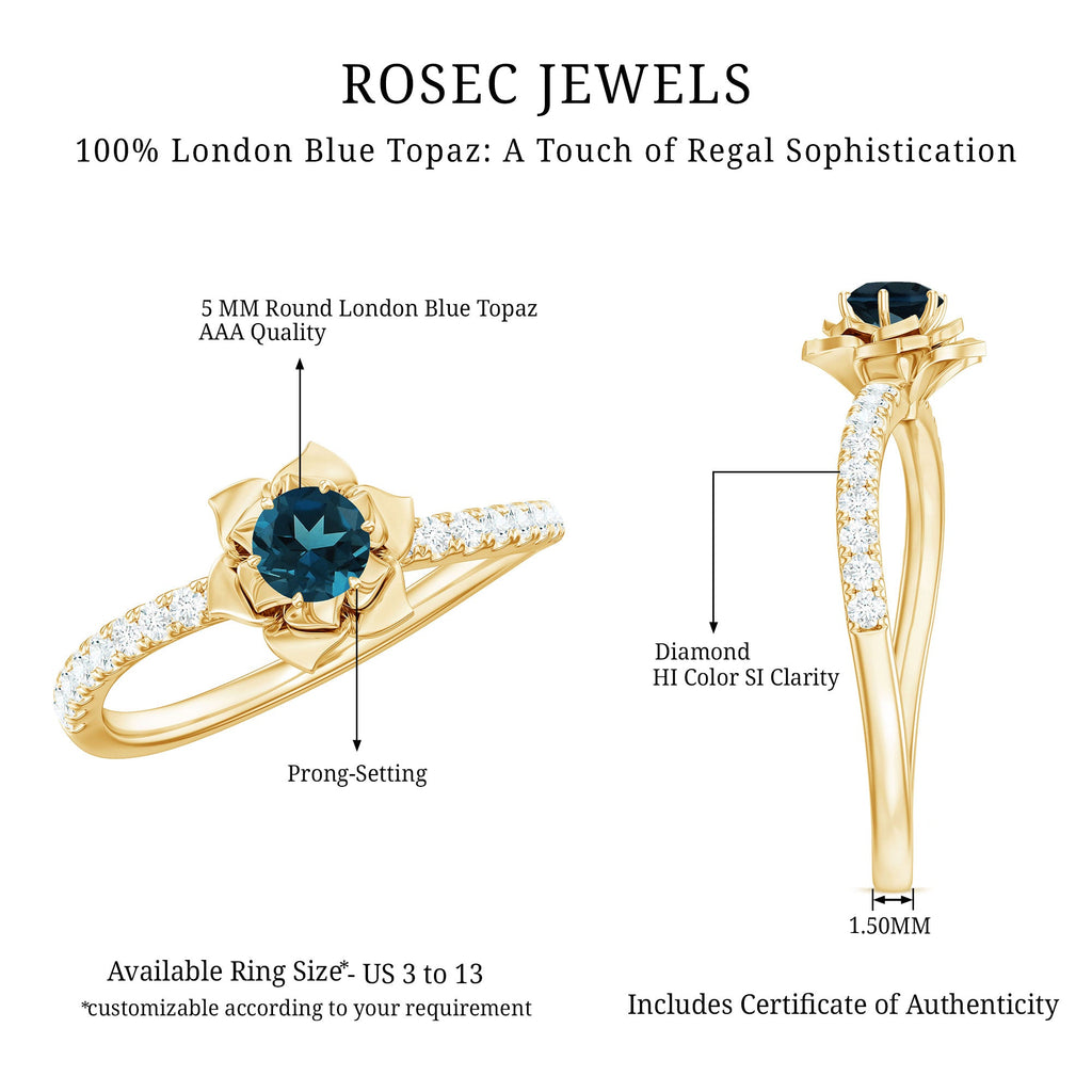 5mm Round London Blue Topaz Floral Engagement Ring with Diamond