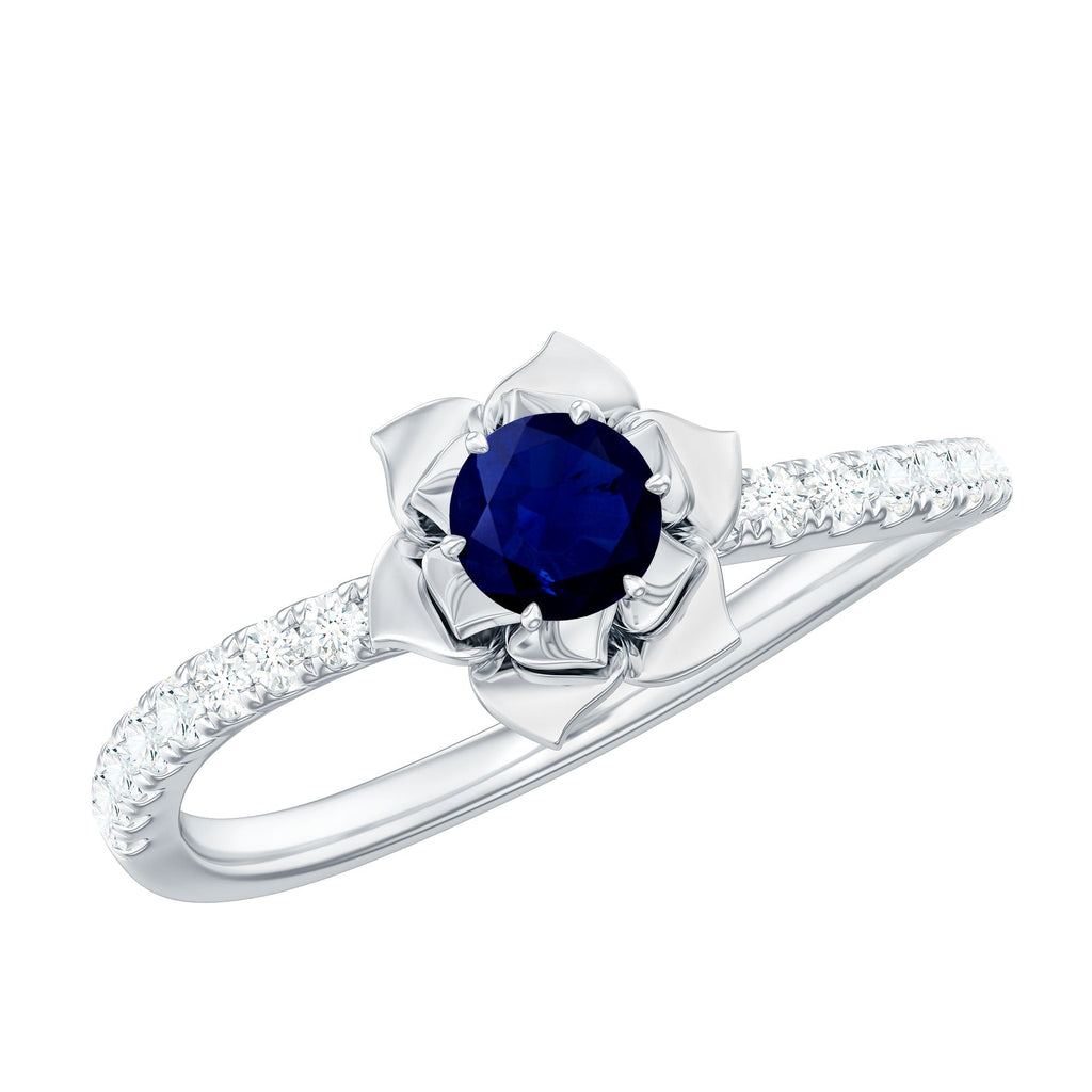 Blue Sapphire Flower Engagement Ring with Diamond