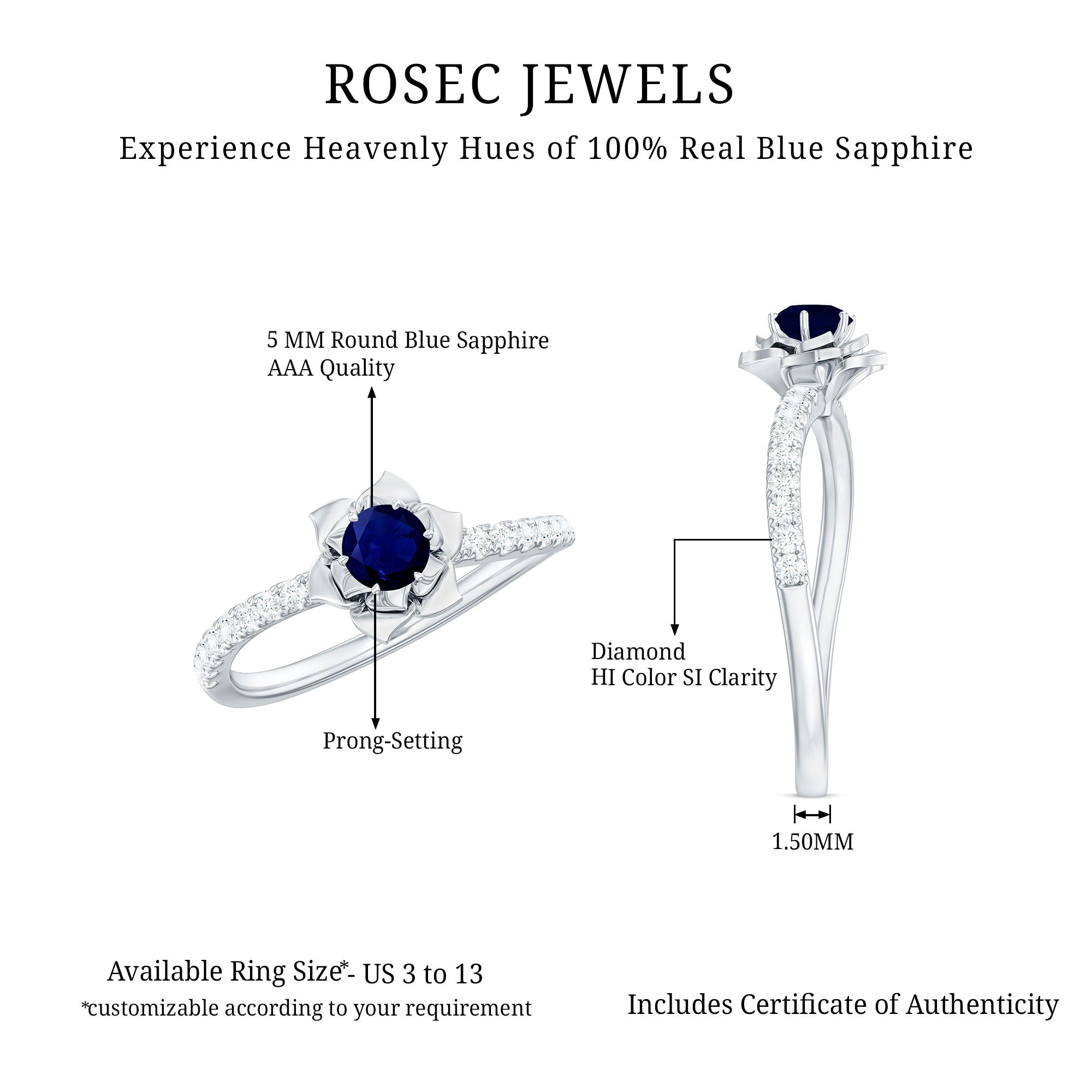 Blue Sapphire Flower Engagement Ring with Diamond