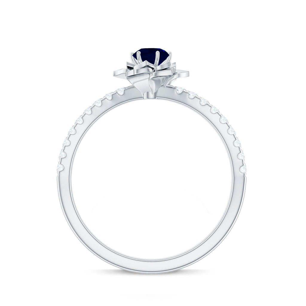 Blue Sapphire Flower Engagement Ring with Diamond