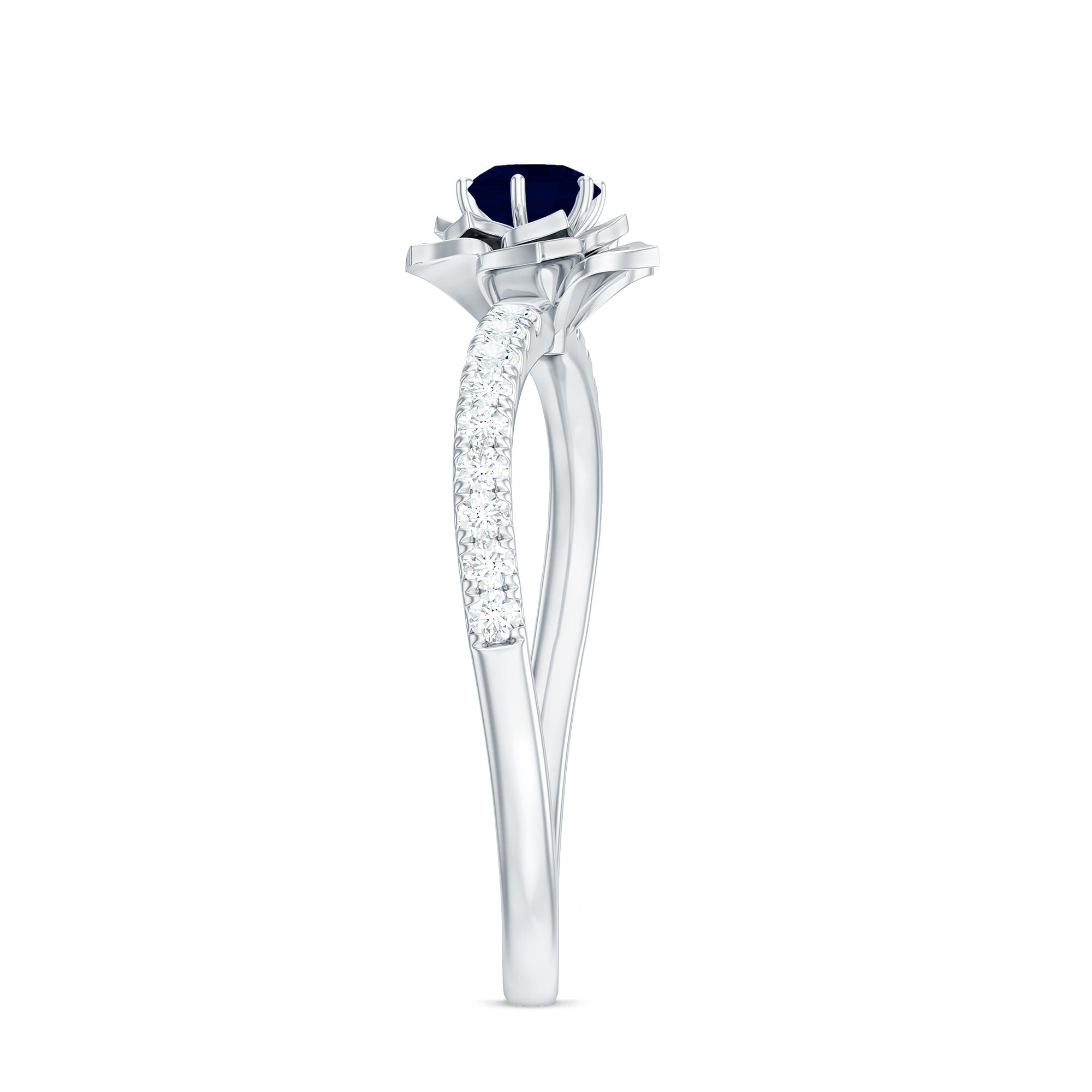 Blue Sapphire Flower Engagement Ring with Diamond
