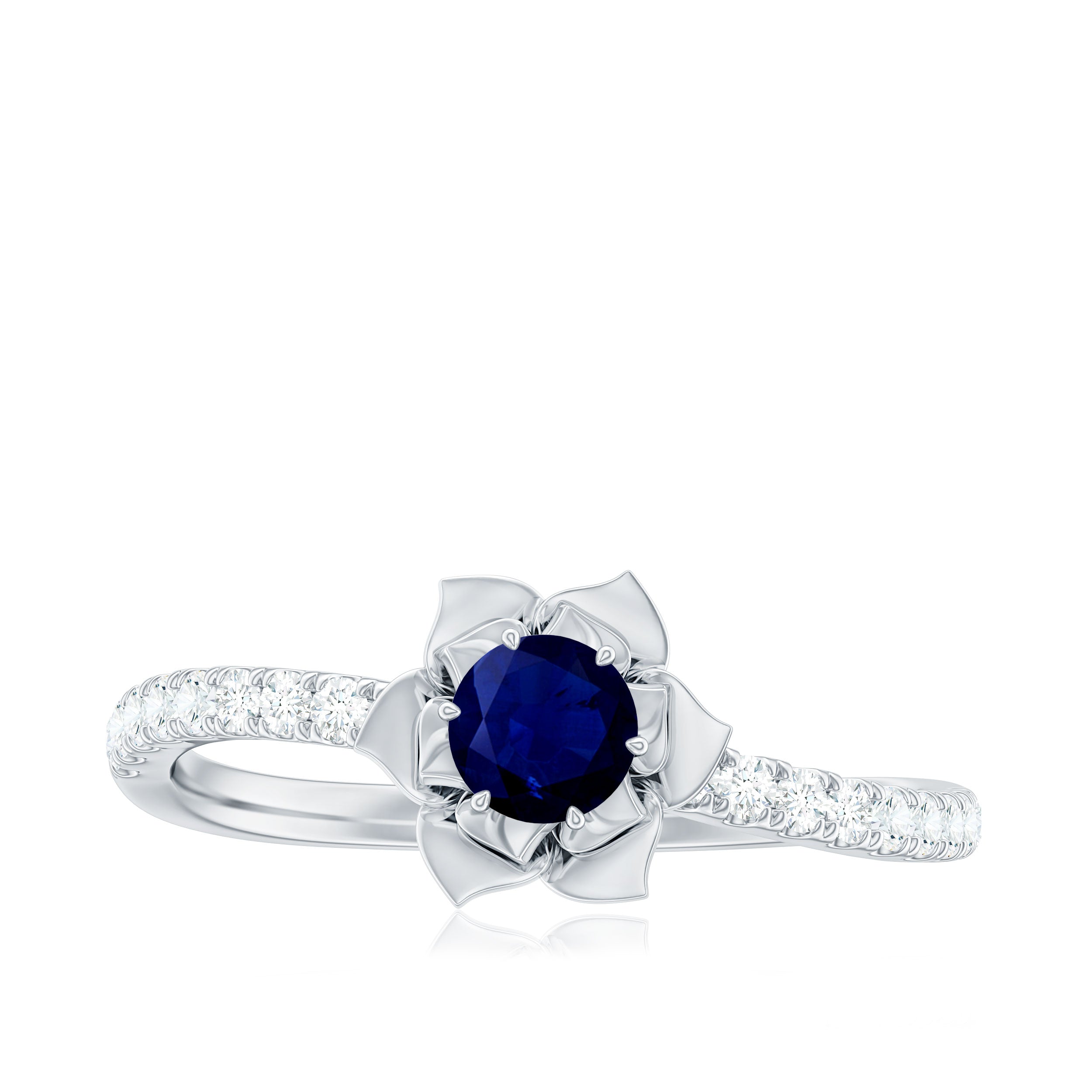 Blue Sapphire Flower Engagement Ring with Diamond