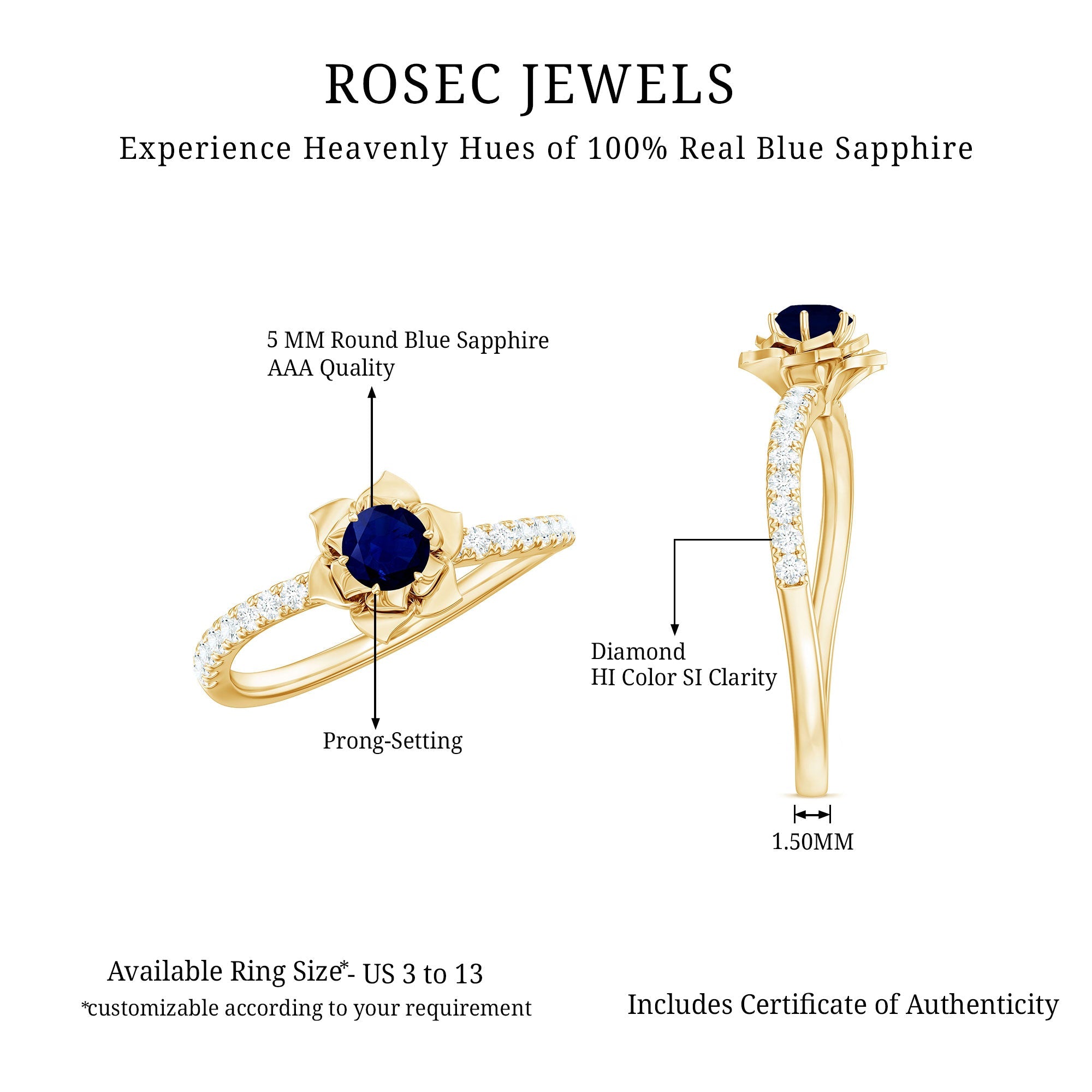 Blue Sapphire Flower Engagement Ring with Diamond