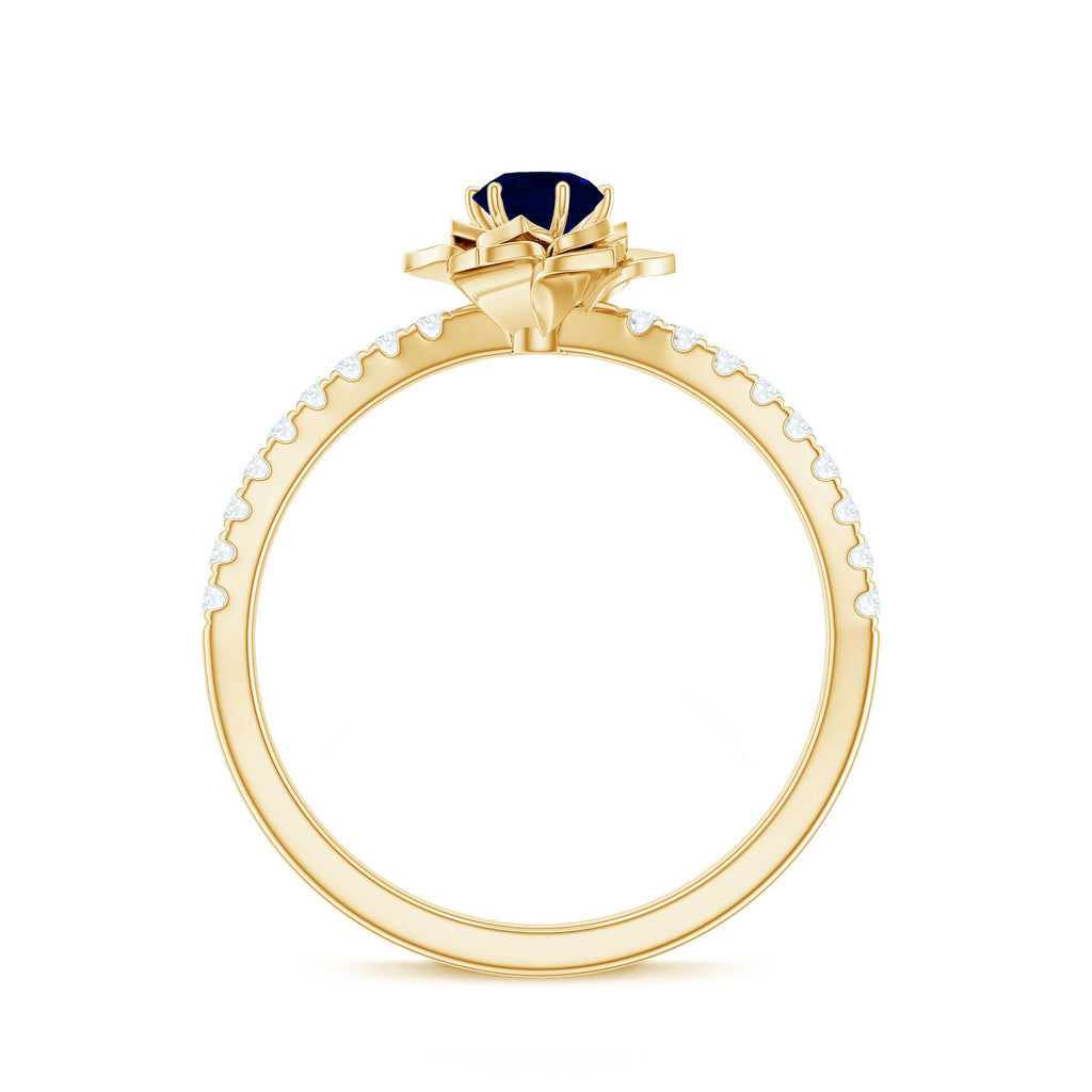 Blue Sapphire Flower Engagement Ring with Diamond