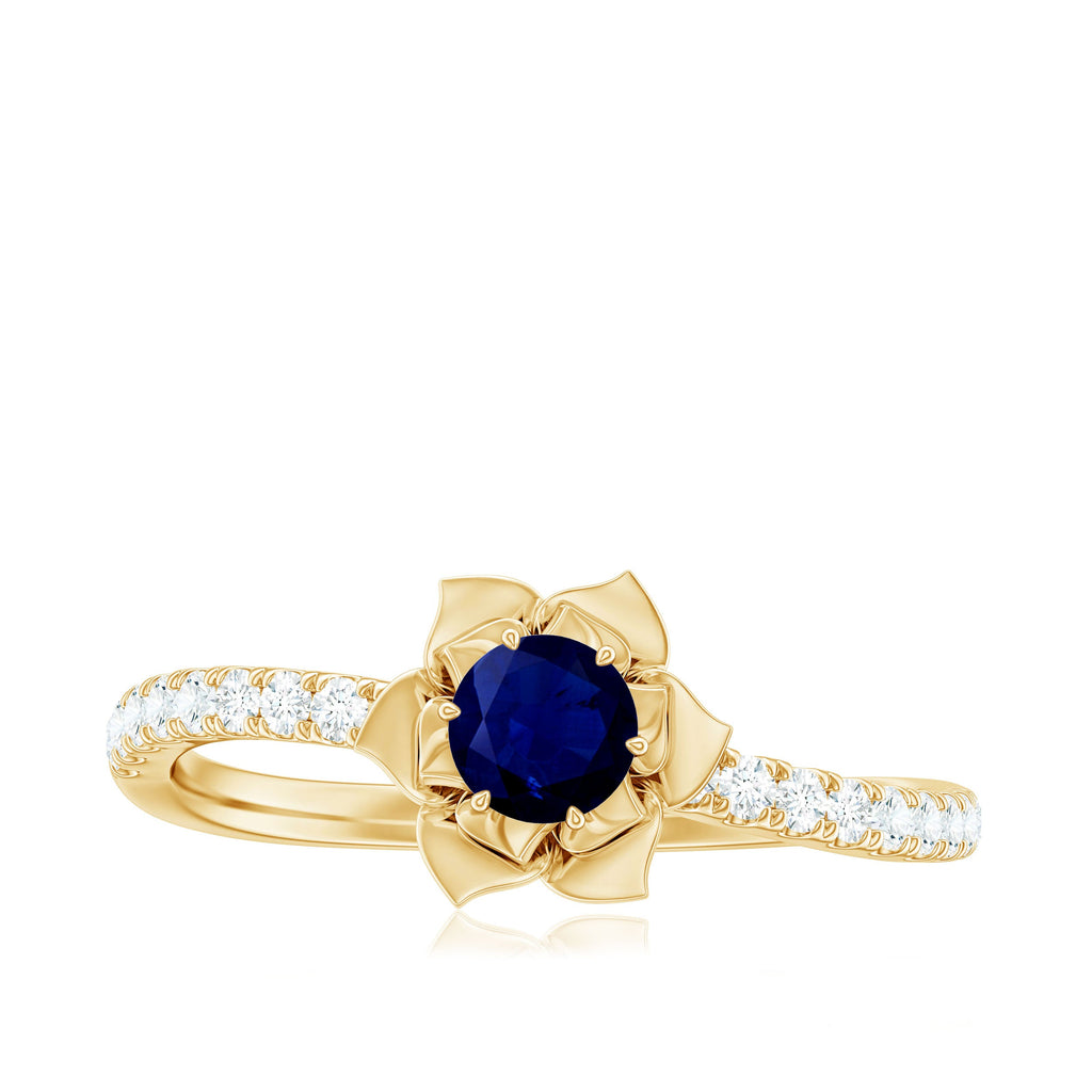 Blue Sapphire Flower Engagement Ring with Diamond