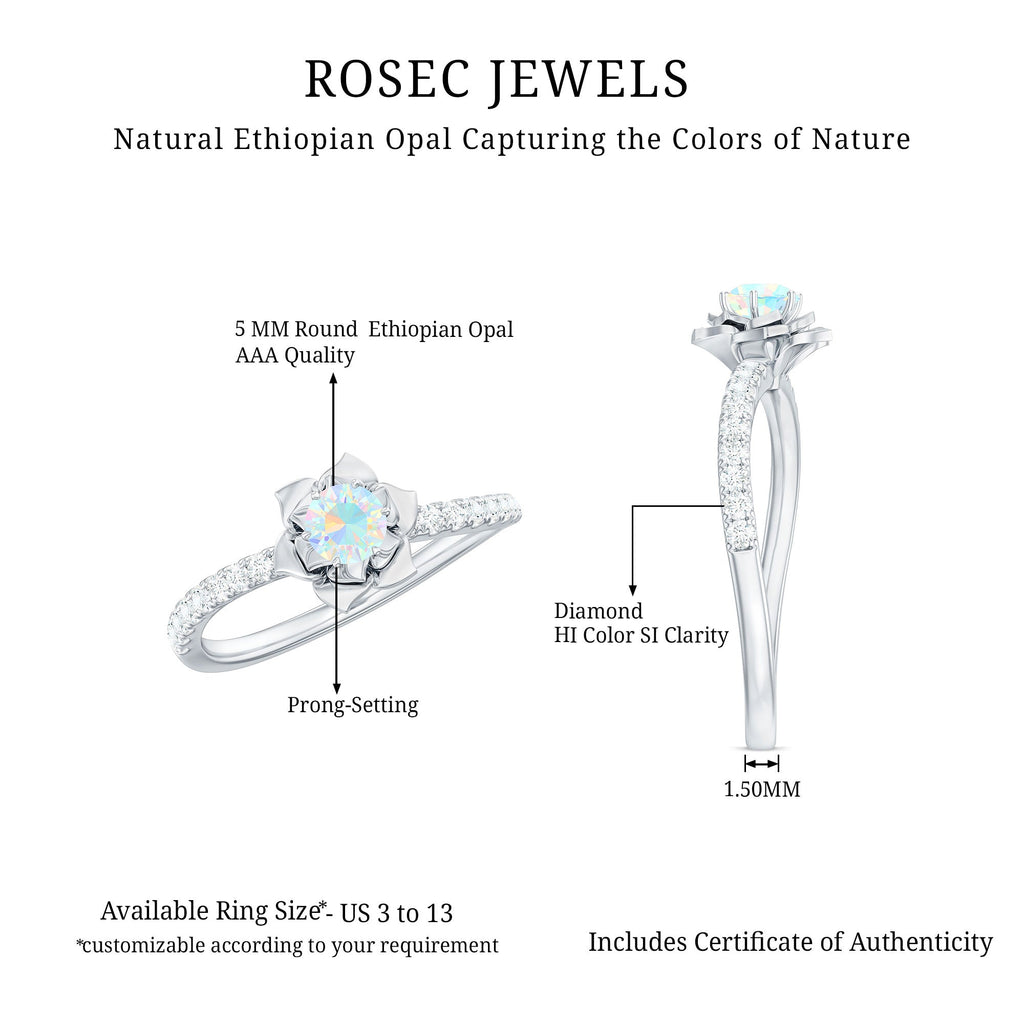 Natural Ethiopian Opal Floral Engagement Ring with Diamond Side Stones