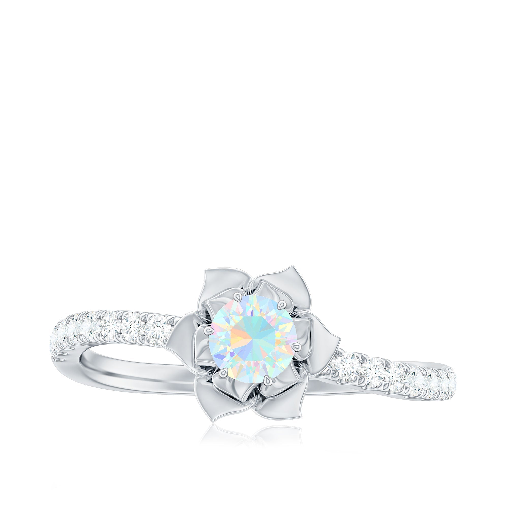 Natural Ethiopian Opal Floral Engagement Ring with Diamond Side Stones