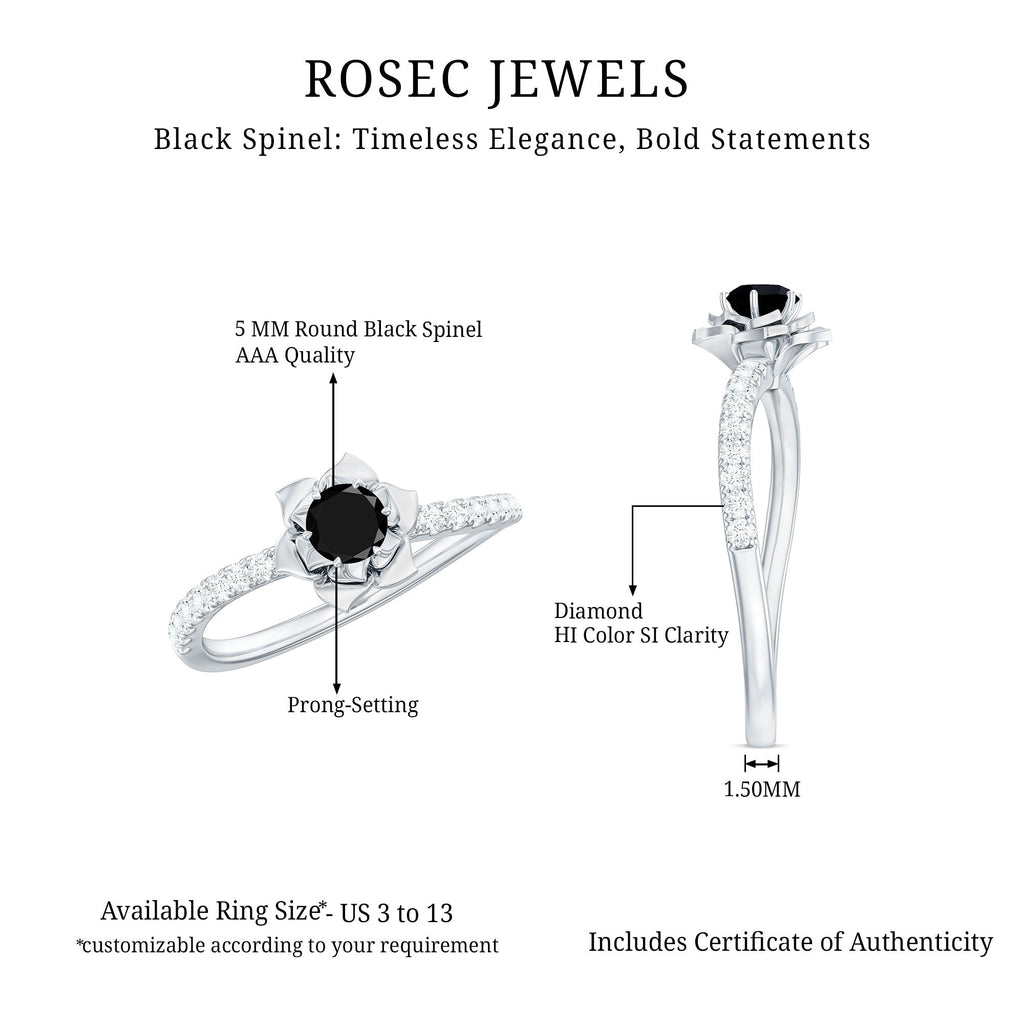 Certified Real Black Spinel Flower Engagement Ring with Diamond