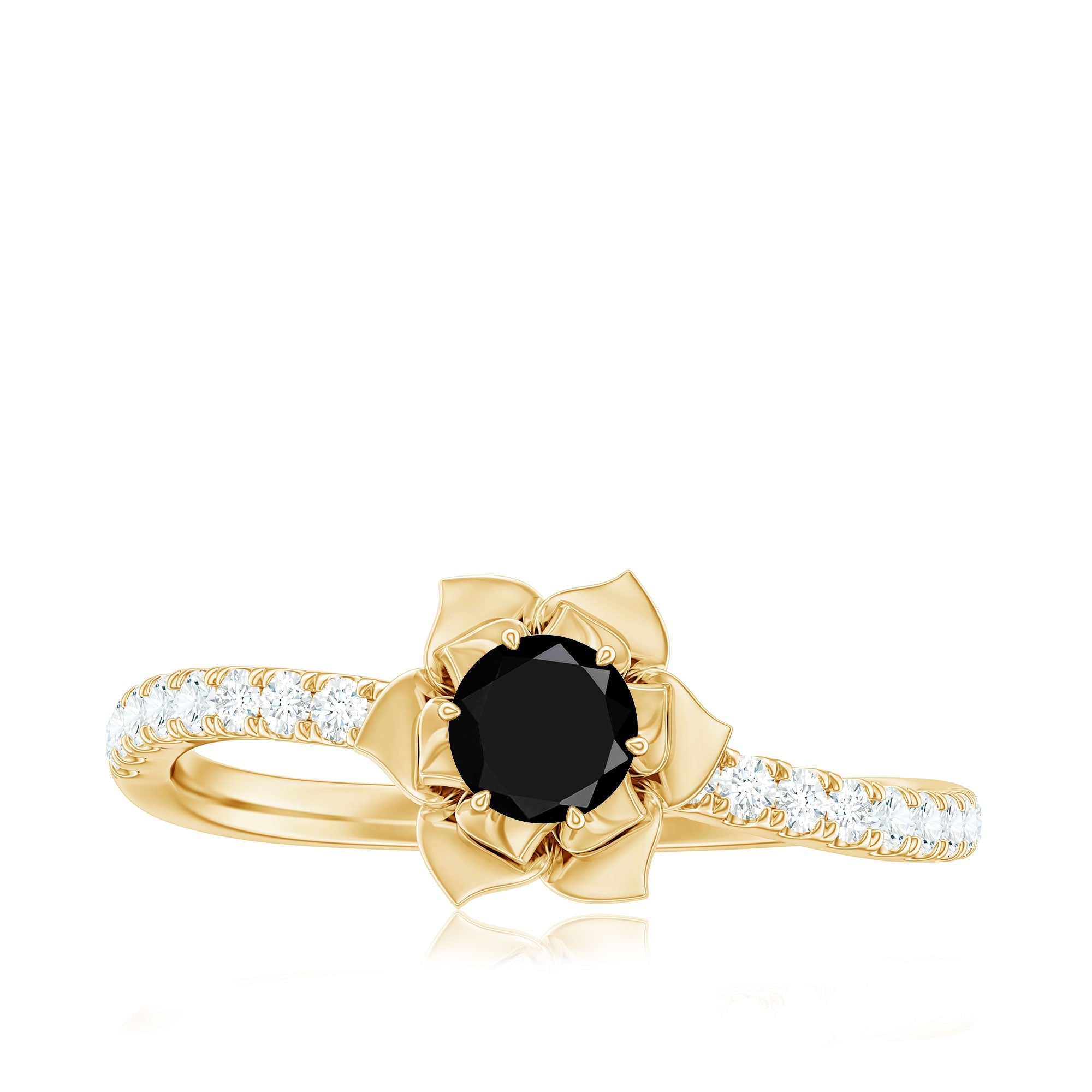 Certified Real Black Spinel Flower Engagement Ring with Diamond
