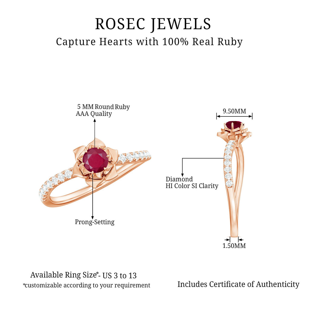 Floral Inspired Ruby Rose Engagement Ring with Diamond