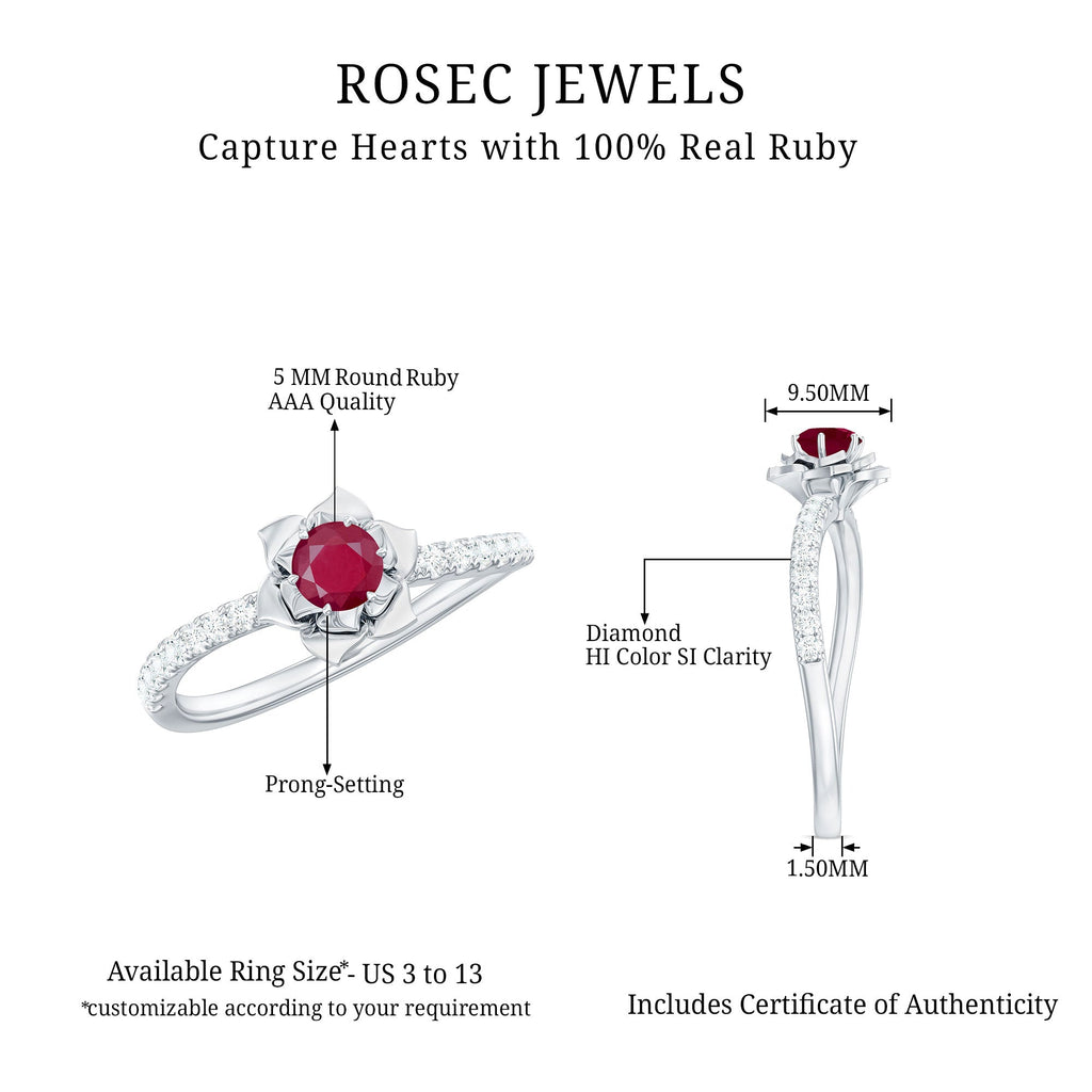 Floral Inspired Ruby Rose Engagement Ring with Diamond