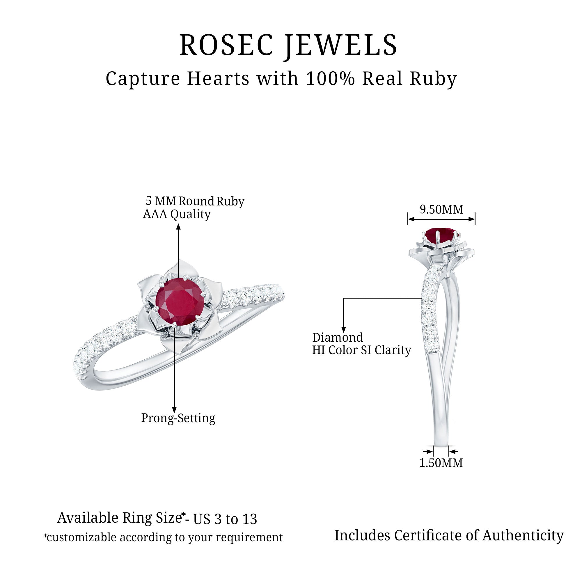 Floral Inspired Ruby Rose Engagement Ring with Diamond