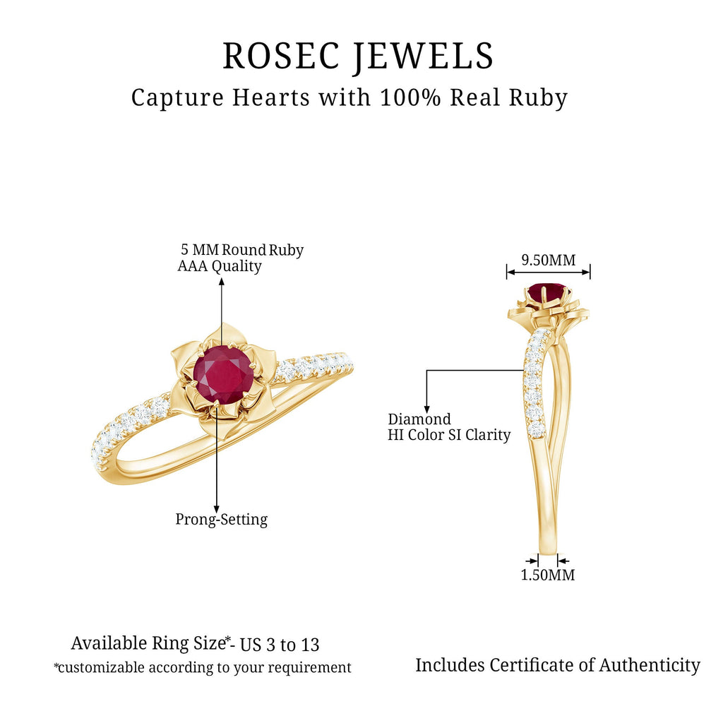 Floral Inspired Ruby Rose Engagement Ring with Diamond