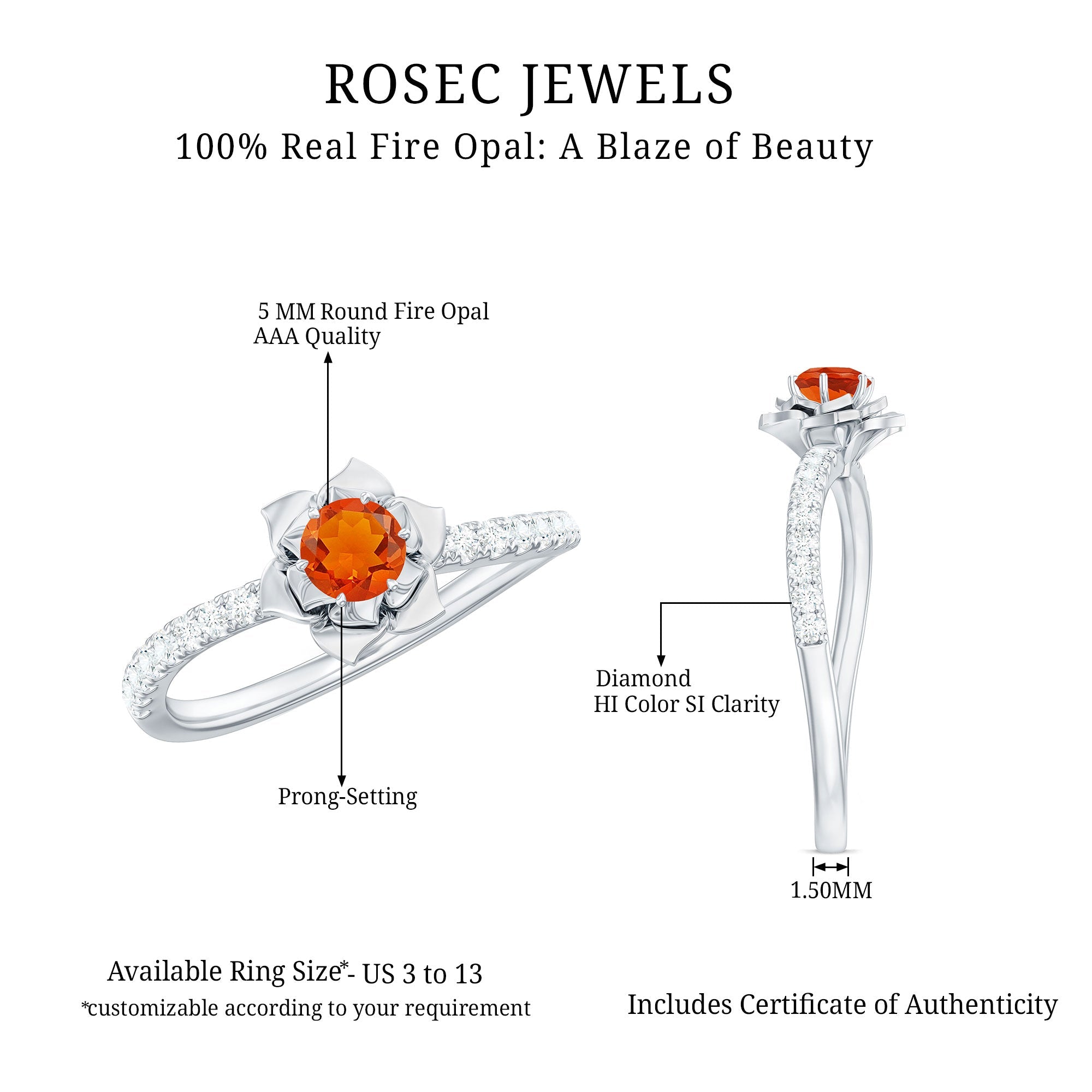1/2 Ct Fire Opal Flower Engagement Ring with Diamond