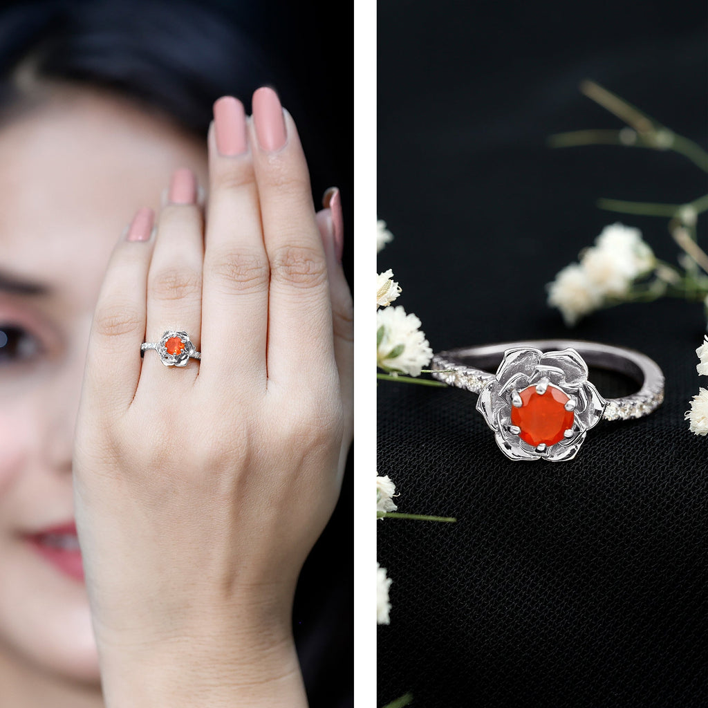 1/2 Ct Fire Opal Flower Engagement Ring with Diamond