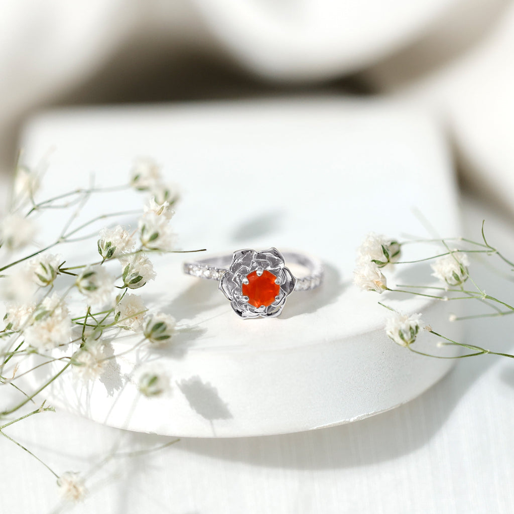 1/2 Ct Fire Opal Flower Engagement Ring with Diamond