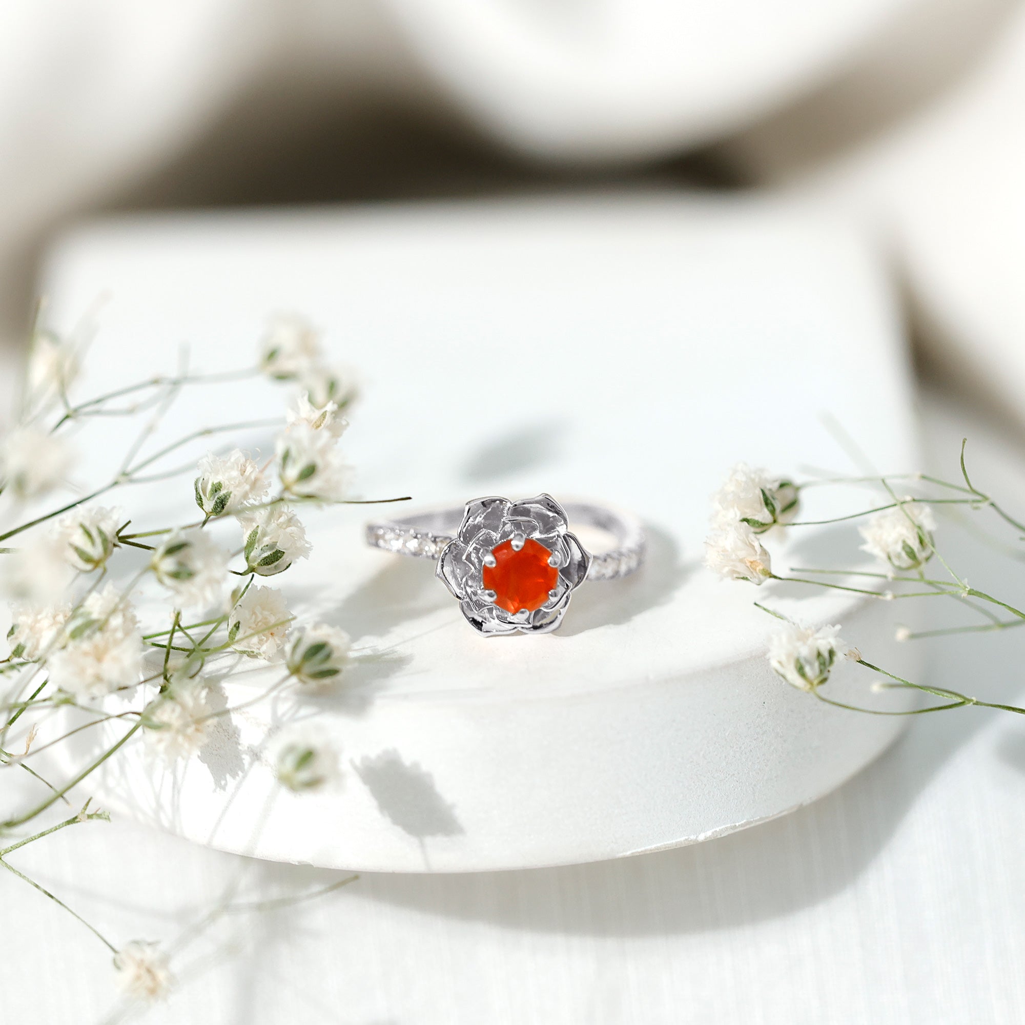 1/2 Ct Fire Opal Flower Engagement Ring with Diamond