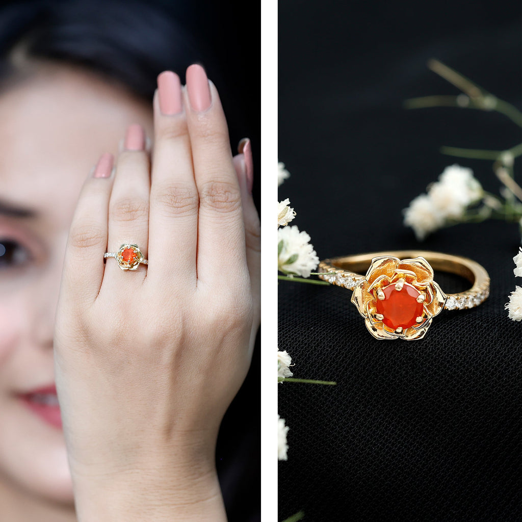 1/2 Ct Fire Opal Flower Engagement Ring with Diamond