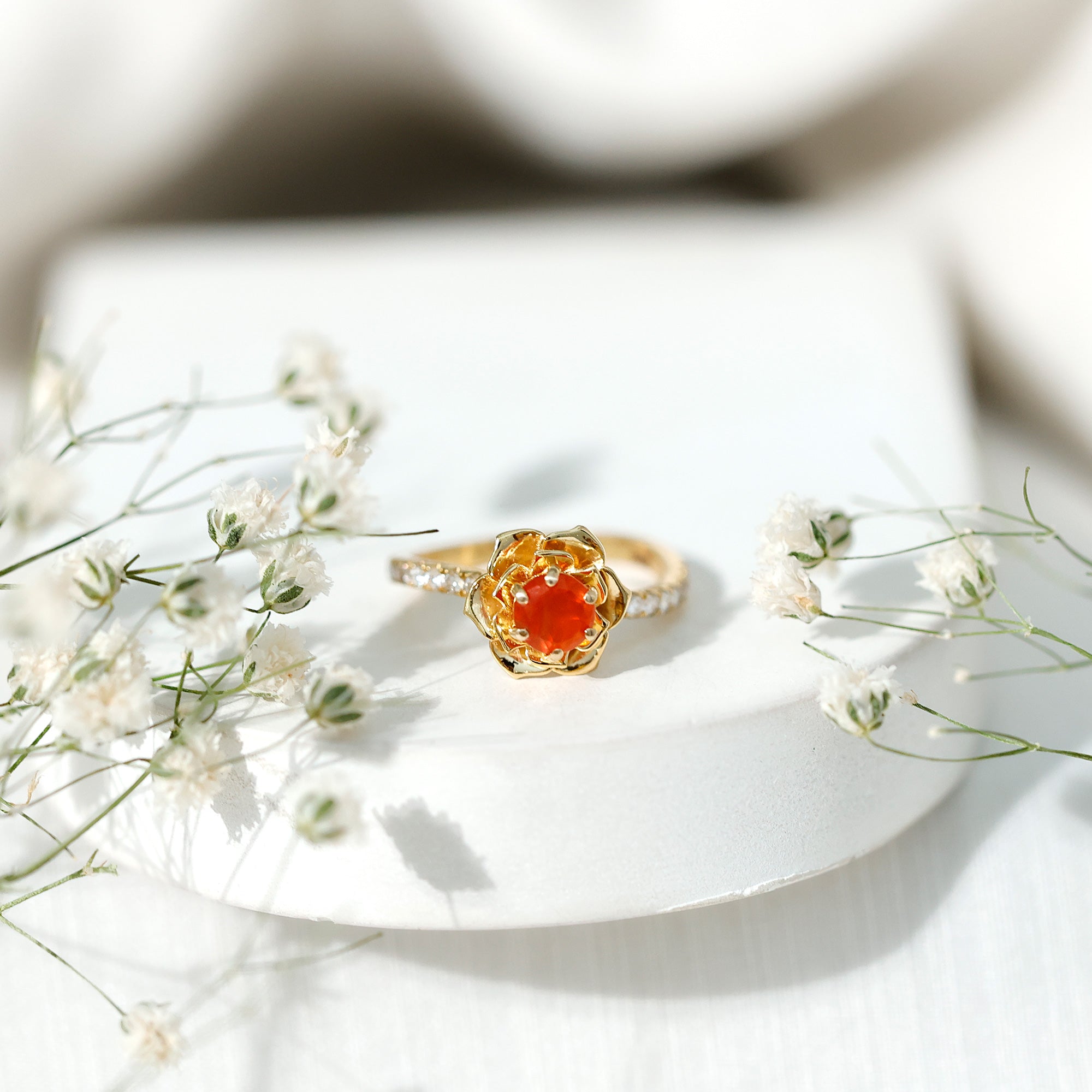 1/2 Ct Fire Opal Flower Engagement Ring with Diamond