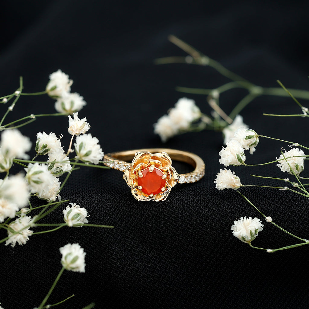 1/2 Ct Fire Opal Flower Engagement Ring with Diamond