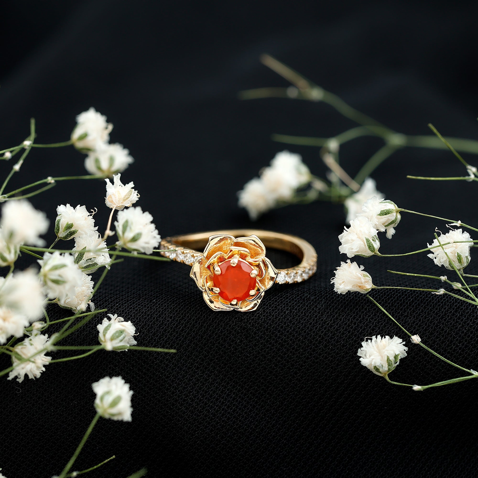 1/2 Ct Fire Opal Flower Engagement Ring with Diamond