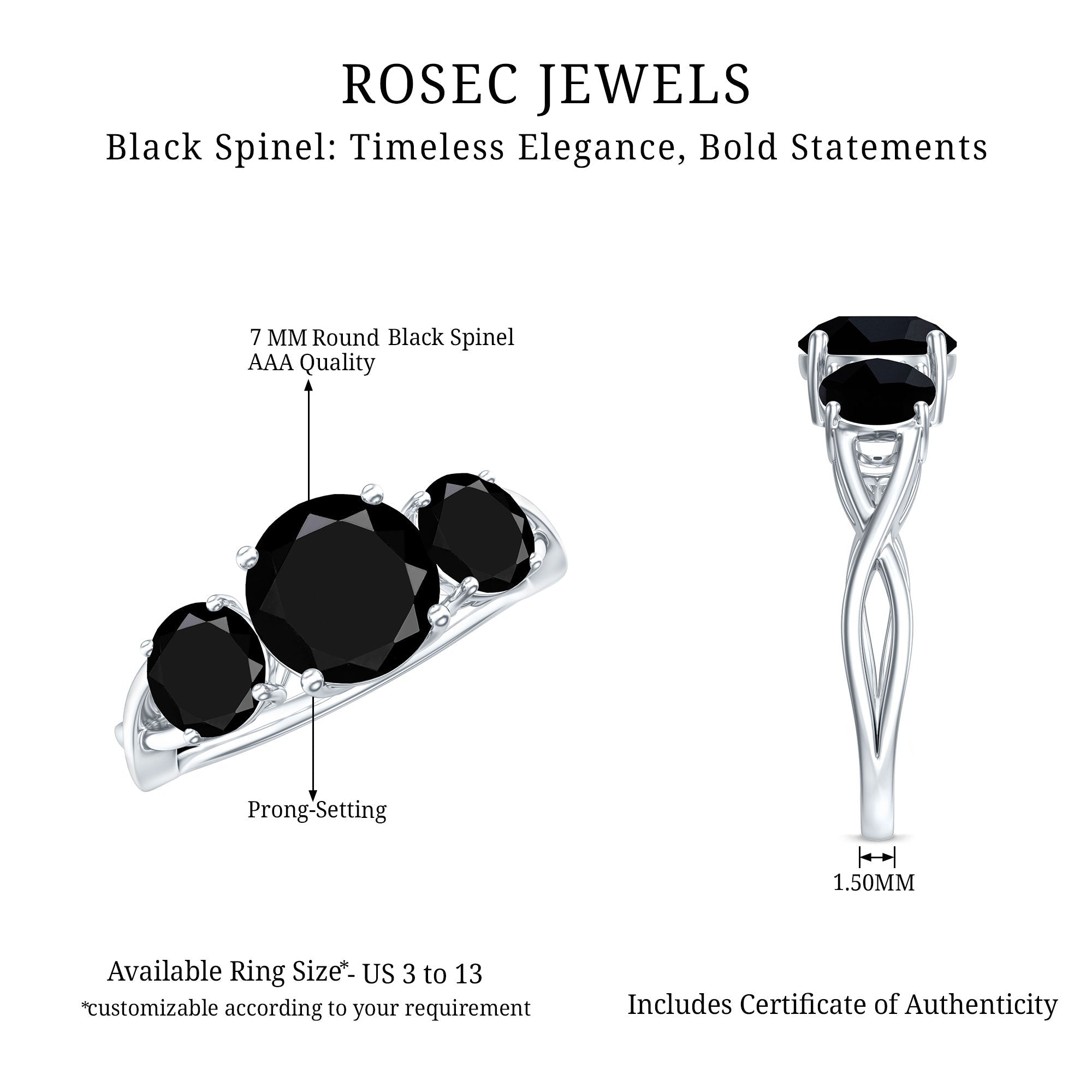 Natural Black Spinel 3 Stone Engagement Ring for Women