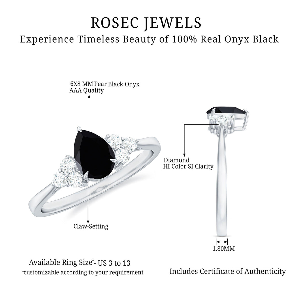 Pear Shaped Black Onyx Engagement Ring with Real Diamond Trio