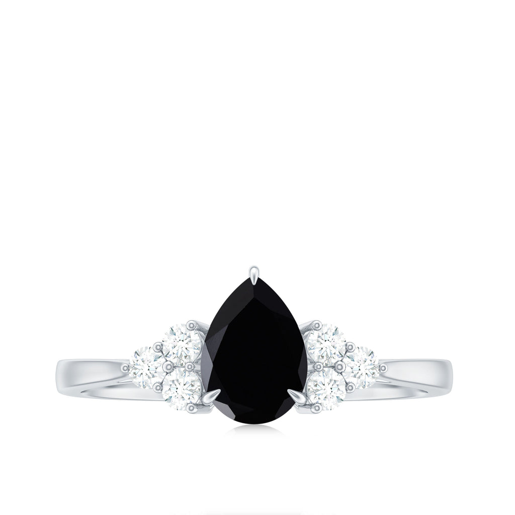 Pear Shaped Black Onyx Engagement Ring with Real Diamond Trio